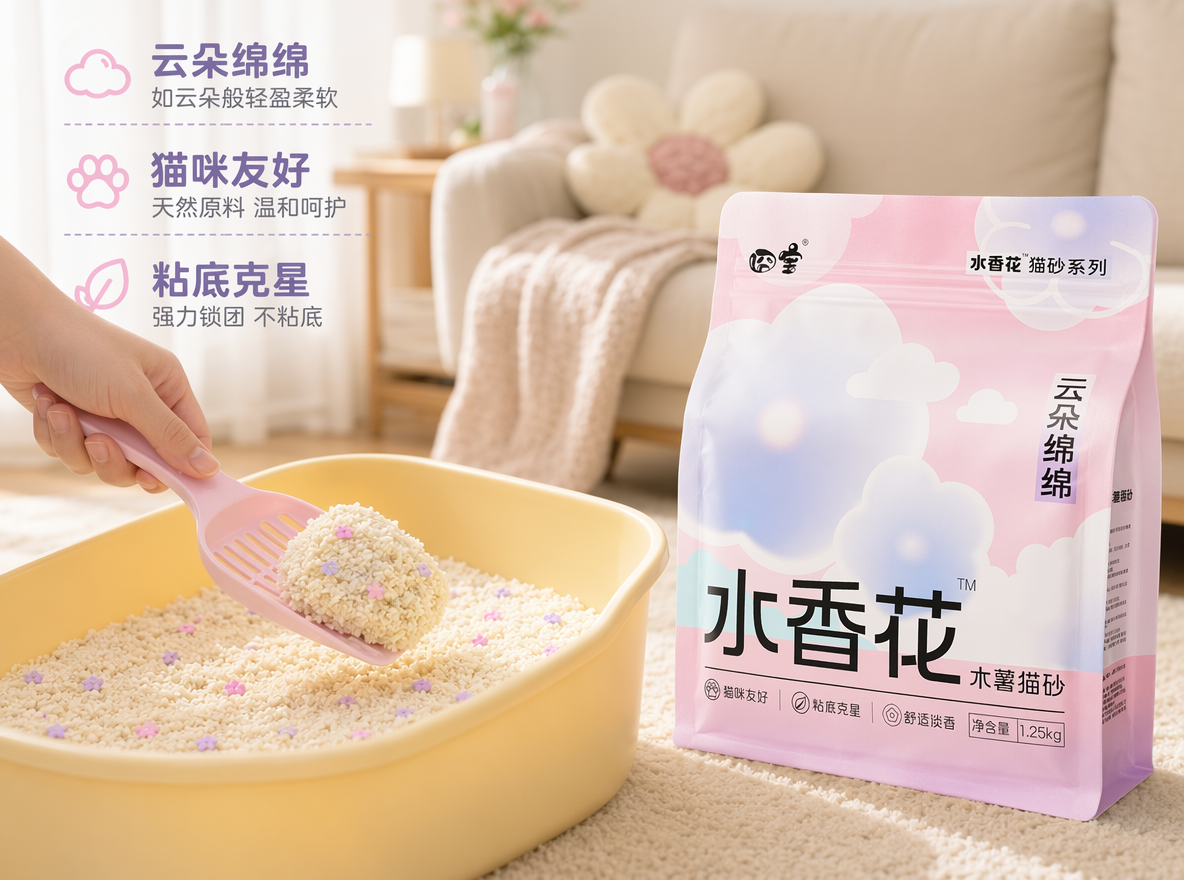 温馨治愈风猫砂日常使用场景图,画面以明亮居家环境为背景,浅米色布艺沙发与暖白窗帘营造出舒适松弛的氛围。核心元素包括:右侧是图二产品-粉白渐变云朵纹的 “囧宝水香花水薯猫砂” 包装袋,标注 “云朵绵绵”“猫咪友好”“粘底克星” 等卖点,净含量 1.25kg,清新柔和的视觉传递天然安全属性;左侧是亮黄色猫砂盆,内铺奶白色混合猫砂,点缀粉紫花瓣形除臭颗粒,一只手握着粉色猫砂铲,正舀起紧实结团的猫砂,直观展示强结团、易清理的核心优势。
构图采用平视侧视角,视觉焦点集中在猫砂盆与包装袋上,光线为柔和暖调自然光,均匀打光凸显猫砂的细腻颗粒、结团质感与包装的清新质感,整体风格干净治愈、温馨舒适,色彩以粉、黄、奶白、浅紫为主,完美传递宠物用品的居家便捷与天然温和的核心卖点,适配电商详情页场景展示与产品科普。