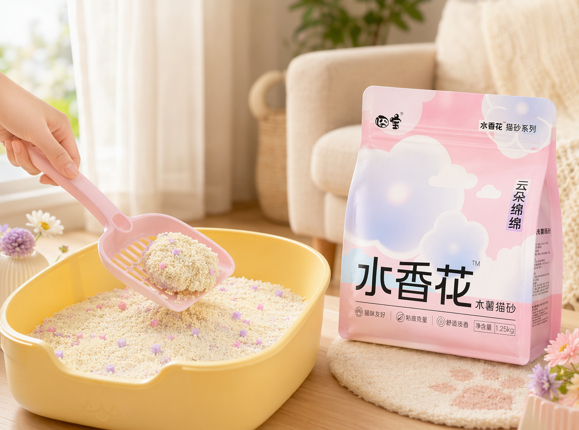 温馨治愈风猫砂日常使用场景图,画面以明亮居家环境为背景,浅米色布艺沙发与暖白窗帘营造出舒适松弛的氛围。核心元素包括:右侧是图二产品-粉白渐变云朵纹的 “囧宝水香花水薯猫砂” 包装袋,标注 “云朵绵绵”“猫咪友好”“粘底克星” 等卖点,净含量 1.25kg,清新柔和的视觉传递天然安全属性;左侧是亮黄色猫砂盆,内铺奶白色混合猫砂,点缀粉紫花瓣形除臭颗粒,一只手握着粉色猫砂铲,正舀起紧实结团的猫砂,直观展示强结团、易清理的核心优势。
构图采用平视侧视角,视觉焦点集中在猫砂盆与包装袋上,光线为柔和暖调自然光,均匀打光凸显猫砂的细腻颗粒、结团质感与包装的清新质感,整体风格干净治愈、温馨舒适,色彩以粉、黄、奶白、浅紫为主,完美传递宠物用品的居家便捷与天然温和的核心卖点,适配电商详情页场景展示与产品科普。