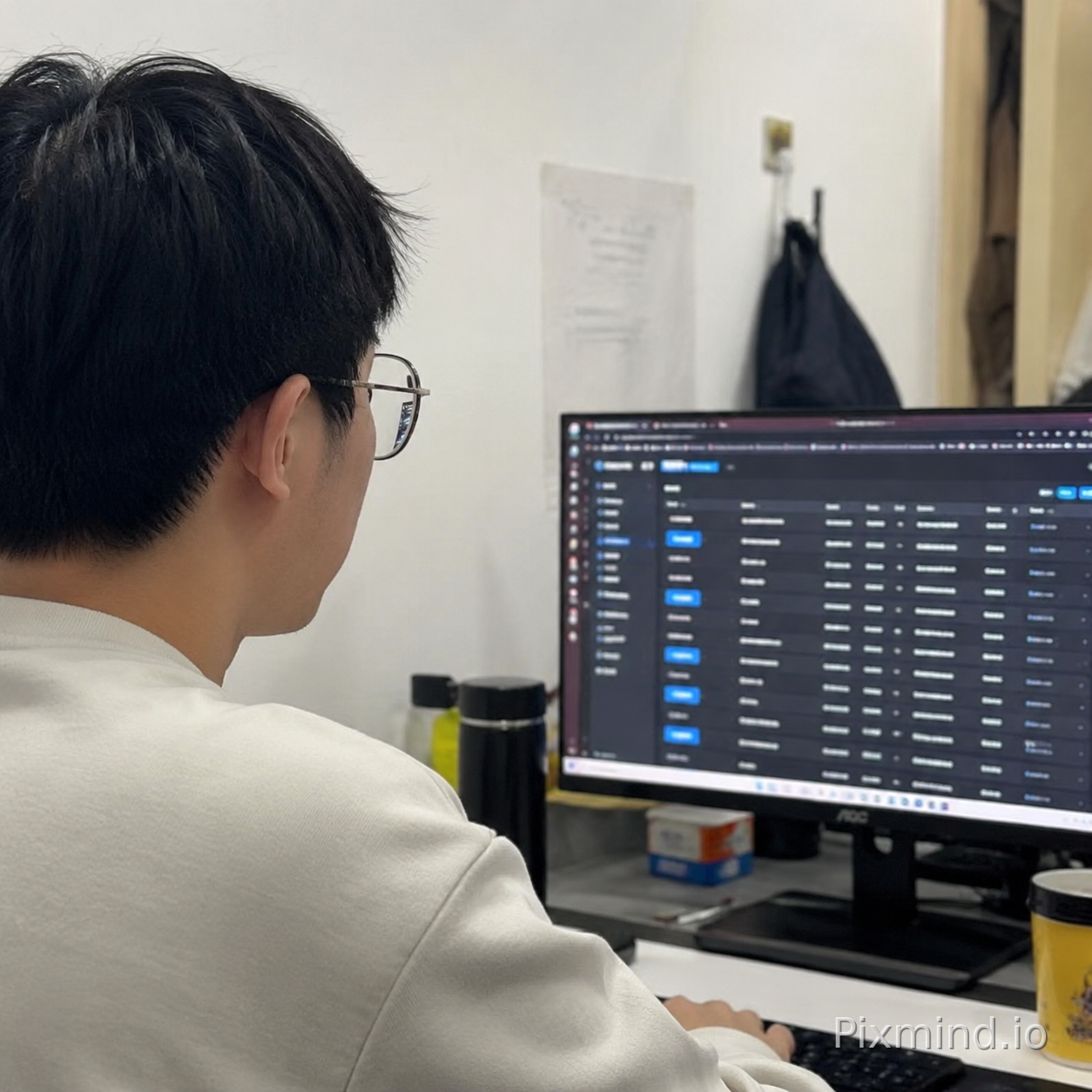这是一张人像图片,帮我生成一张他在工作岗位上工作的图片(应付检查),工作岗位是计算机运营,没必要刻意体现(只要一个电脑屏幕,不要出现副屏)。最好是只露出侧脸或者后脑勺。整体要及其自然,穿着便装,画面可以适当脏一些,不要太过完美,像是手机拍出来一样