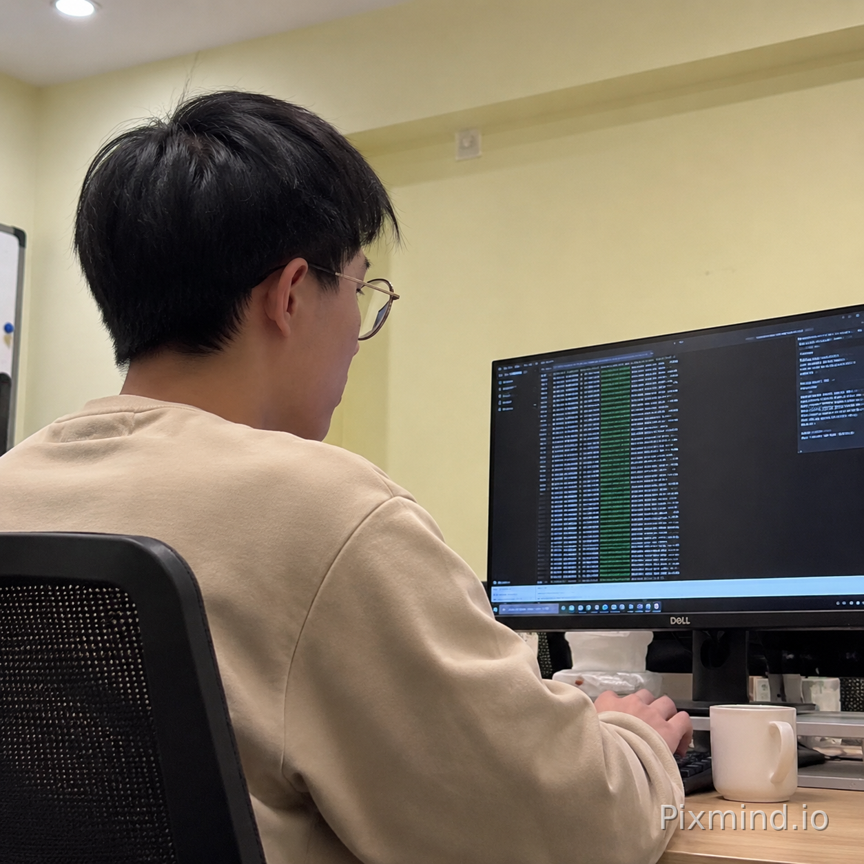 这是一张人像图片,帮我生成一张他在工作岗位上工作的图片(应付检查,身形要一致),工作岗位是计算机运营,没必要刻意体现(只要一个电脑屏幕,不要出现副屏)。最好是只露出侧脸或者后脑勺。整体要及其自然,穿着便装,画面可以适当脏一些,不要太过完美,像是手机拍出来一样