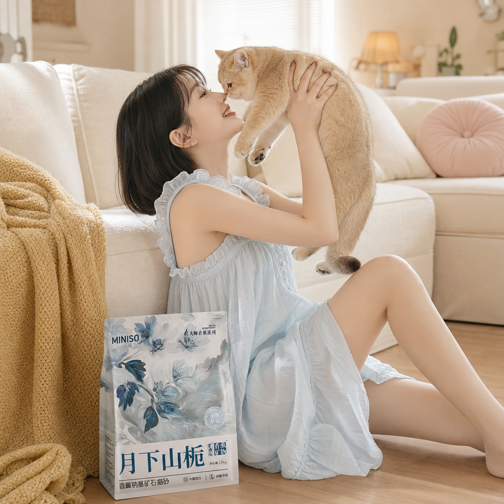 一位年轻女生坐在奶油风客厅的木地板上,身体自然倚靠米白色布艺沙发,露出开心灿烂的笑容,双手把一只金渐层品种的猫咪举起 ,做出即将亲吻猫咪的动作,动作自然轻松
女生拥有短款黑色波波头,空气刘海,白皙皮肤,自然裸妆,没有浓妆,穿着浅雾蓝色荷叶边无袖连衣裙,整体青春治愈,充满少女感。她旁边放着我上传的产品包装
背景是奶油风客厅,米白色亚麻沙发,大面积暖黄色针织毛毯,自然靠枕,圆形粉色靠垫,木地板,现代极简家具,暖色调家居。
下午阳光透过窗户照射进来,室内柔和自然光,高调摄影,光线均匀,空气感十足,背景轻微虚化。
生活方式摄影,ins风,小红书爆款,MUJI风,日系家居摄影,韩国Editorial,商业广告摄影,电商主KV,真实摄影,电影级光影,超高清,8K,商业海报。
