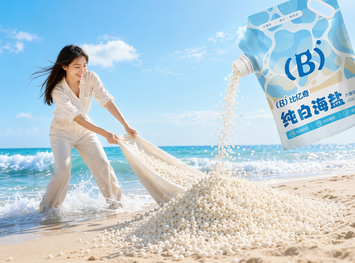晴朗海边沙滩场景,澄澈淡蓝晴空带轻薄云絮,碧蓝海浪翻涌着白色泡沫拍向浅金沙滩。画面左侧,女子身着米白卷袖衬衫、浅色长裤,站在浅海水中用力拉扯米白色木薯猫砂布状;画面右上方悬浮蓝白印花自立吸嘴袋,袋身印有 “比亿奇 纯白海盐” 字样与醒目的 (B) 标识,袋口倾倒出大量奶白色颗粒木薯猫砂,在沙滩堆出蓬松砂堆,颗粒下落轨迹细腻自然。
构图采用横向宽幅黄金分割布局,人物与倾倒包装袋形成视觉平衡,自然光为明亮通透的正午暖调日光,柔和阴影强化物体立体感,整体色调清新明快,以海蓝、暖沙金、米白为主。现代产品广告创意,完美凸显纯白海盐猫砂颗粒洁白、质感蓬松的产品特点,适配创意电商宣传、艺术化产品推广场景,细节拉满、光影层次丰富、画面叙事感强烈。