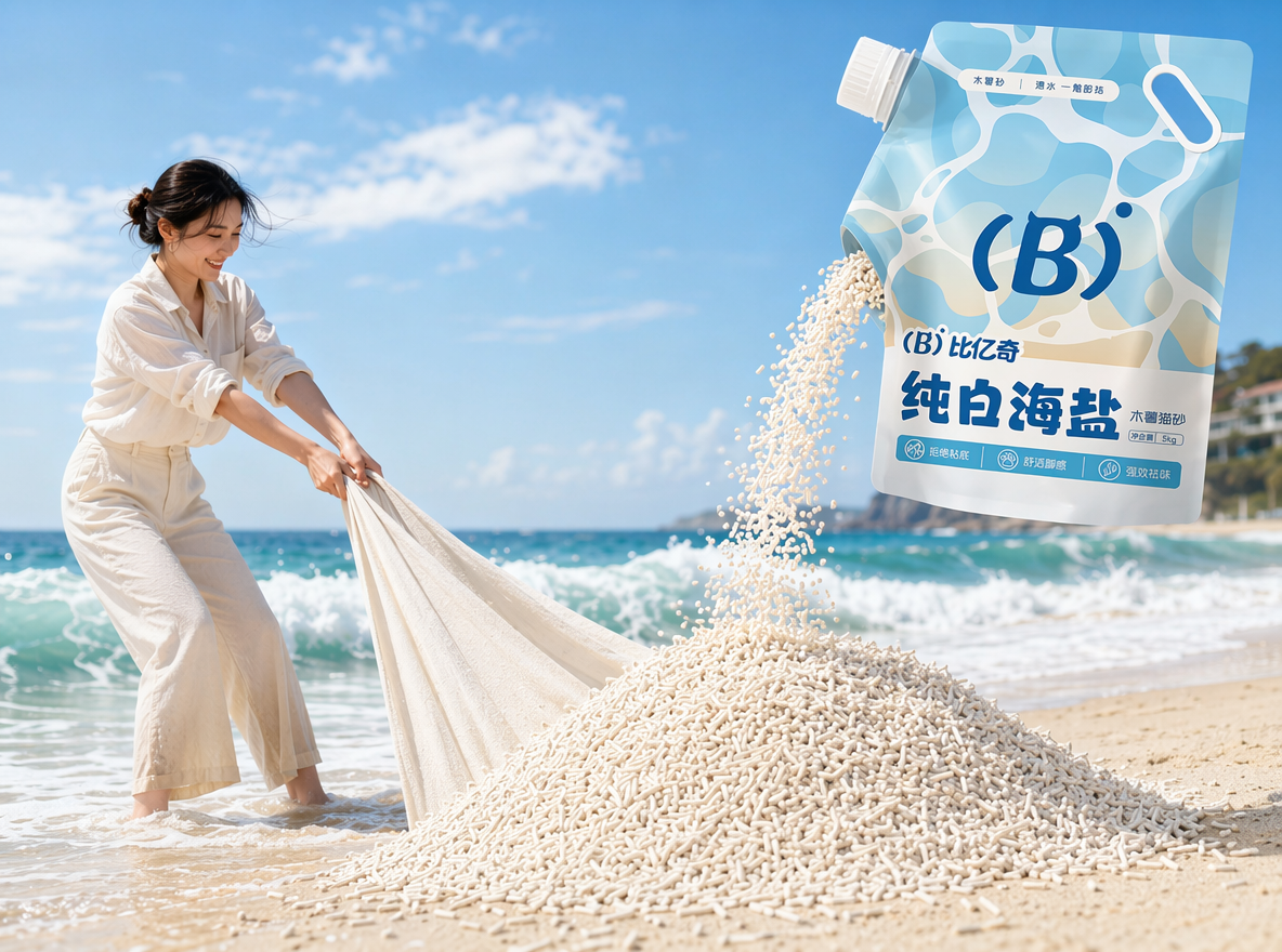 晴朗海边沙滩场景,澄澈淡蓝晴空带轻薄云絮,碧蓝海浪翻涌着白色泡沫拍向浅金沙滩。画面左侧,女子身着米白卷袖衬衫、浅色长裤,站在浅海水中用力拉扯米白色木薯猫砂布状;画面右上方悬浮蓝白印花自立吸嘴袋,袋身印有 “比亿奇 纯白海盐” 字样与醒目的 (B) 标识,袋口倾倒出大量奶白色颗粒木薯猫砂,在沙滩堆出蓬松砂堆,颗粒下落轨迹细腻自然。
构图采用横向宽幅黄金分割布局,人物与倾倒包装袋形成视觉平衡,自然光为明亮通透的正午暖调日光,柔和阴影强化物体立体感,整体色调清新明快,以海蓝、暖沙金、米白为主。现代产品广告创意,完美凸显纯白海盐猫砂颗粒洁白、质感蓬松的产品特点,适配创意电商宣传、艺术化产品推广场景,细节拉满、光影层次丰富、画面叙事感强烈。