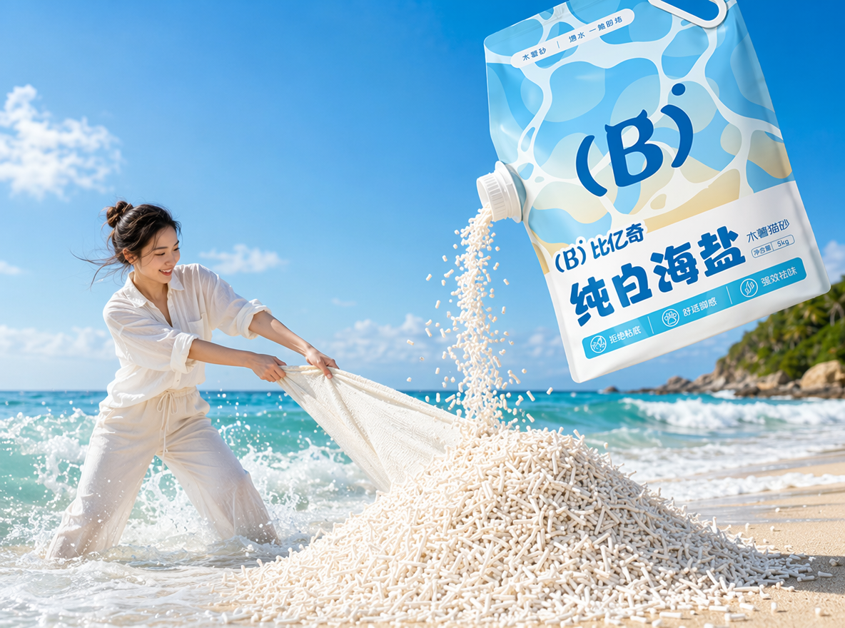 晴朗海边沙滩场景,澄澈淡蓝晴空带轻薄云絮,碧蓝海浪翻涌着白色泡沫拍向浅金沙滩。画面左侧,女子身着米白卷袖衬衫、浅色长裤,站在浅海水中用力拉扯米白色木薯猫砂布状;画面右上方悬浮蓝白印花自立吸嘴袋,袋身印有 “比亿奇 纯白海盐” 字样与醒目的 (B) 标识,袋口倾倒出大量奶白色颗粒木薯猫砂,在沙滩堆出蓬松砂堆,颗粒下落轨迹细腻自然。
构图采用横向宽幅黄金分割布局,人物与倾倒包装袋形成视觉平衡,自然光为明亮通透的正午暖调日光,柔和阴影强化物体立体感,整体色调清新明快,以海蓝、暖沙金、米白为主。现代产品广告创意,完美凸显纯白海盐猫砂颗粒洁白、质感蓬松的产品特点,适配创意电商宣传、艺术化产品推广场景,细节拉满、光影层次丰富、画面叙事感强烈。