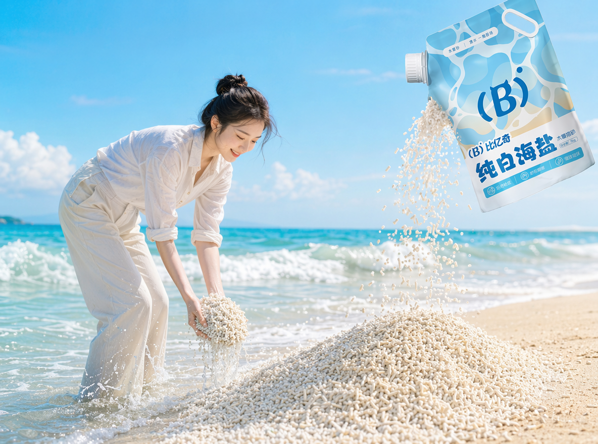 晴朗海边沙滩场景,澄澈淡蓝晴空带轻薄云絮,碧蓝海浪翻涌着白色泡沫拍向浅金沙滩。画面左侧,女子身着米白卷袖衬衫、浅色长裤,站在浅海水中拉起成团结块的米白色木薯猫砂;画面右上方悬浮着图一产品,袋口倾倒出大量奶白色颗粒木薯猫砂,在沙滩堆出蓬松砂堆,颗粒下落轨迹细腻自然。
构图采用横向宽幅黄金分割布局,人物与倾倒包装袋形成视觉平衡,自然光为明亮通透的正午暖调日光,柔和阴影强化物体立体感,整体色调清新明快,以海蓝、暖沙金、米白为主。现代产品广告创意,完美凸显纯白海盐猫砂颗粒洁白、质感蓬松的产品特点,适配创意电商宣传、艺术化产品推广场景,细节拉满、光影层次丰富、画面叙事感强烈。