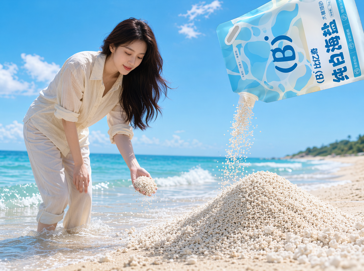晴朗海边沙滩场景,澄澈淡蓝晴空带轻薄云絮,碧蓝海浪翻涌着白色泡沫拍向浅金沙滩。画面左侧,女子身着米白卷袖衬衫、浅色长裤,站在浅海水中拉起成团结块的米白色木薯猫砂;画面右上方悬浮着图一产品,袋口倾倒出大量奶白色颗粒木薯猫砂,在沙滩堆出蓬松砂堆,颗粒下落轨迹细腻自然。
构图采用横向宽幅黄金分割布局,人物与倾倒包装袋形成视觉平衡,自然光为明亮通透的正午暖调日光,柔和阴影强化物体立体感,整体色调清新明快,以海蓝、暖沙金、米白为主。现代产品广告创意,完美凸显纯白海盐猫砂颗粒洁白、质感蓬松的产品特点,适配创意电商宣传、艺术化产品推广场景,细节拉满、光影层次丰富、画面叙事感强烈。