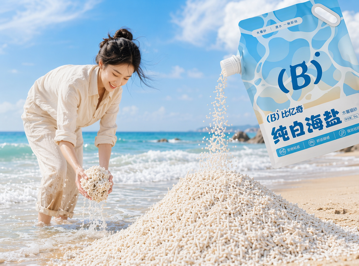 晴朗海边沙滩场景,澄澈淡蓝晴空带轻薄云絮,碧蓝海浪翻涌着白色泡沫拍向浅金沙滩。画面左侧,女子身着米白卷袖衬衫、浅色长裤,站在浅海水中拉起成团结块的米白色木薯猫砂;画面右上方悬浮着图一产品,袋口倾倒出大量奶白色颗粒木薯猫砂,在沙滩堆出蓬松砂堆,颗粒下落轨迹细腻自然。
构图采用横向宽幅黄金分割布局,人物与倾倒包装袋形成视觉平衡,自然光为明亮通透的正午暖调日光,柔和阴影强化物体立体感,整体色调清新明快,以海蓝、暖沙金、米白为主。现代产品广告创意,完美凸显纯白海盐猫砂颗粒洁白、质感蓬松的产品特点,适配创意电商宣传、艺术化产品推广场景,细节拉满、光影层次丰富、画面叙事感强烈。