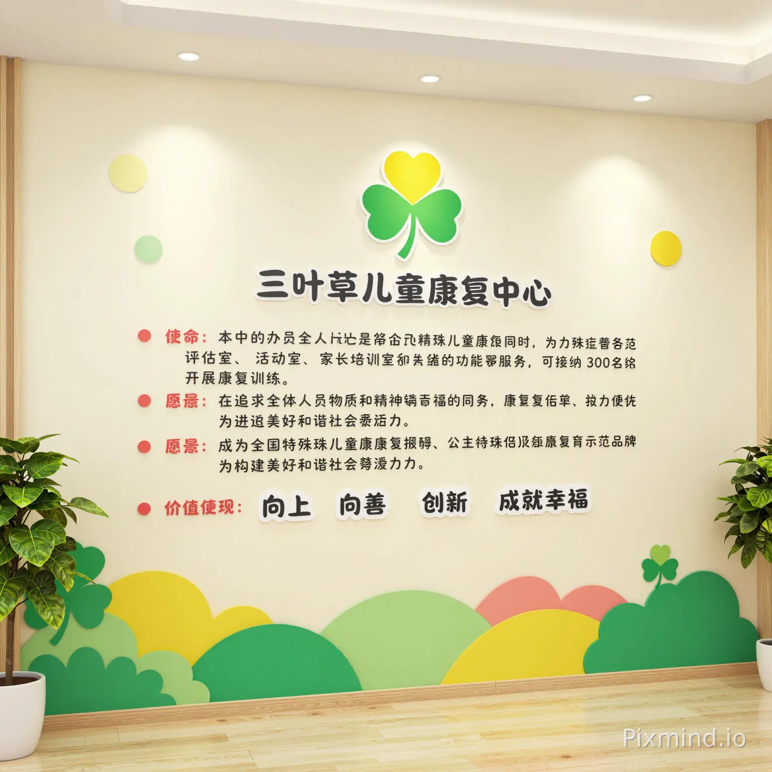 我这里是三叶草儿童康复中心,这个墙上做我们的中心简介,使命,愿景,价值观。整体颜色由红黄绿三种颜色为主,就是围绕我的第二张logo图的颜色来进行设计。中心简介,本中心创办于 2021 年,是省级定点特殊儿童康复机构。中心设施完备,拥有个训室及感统室、评估室、活动室、家长培训室等各类功能教室,可接纳 300 余名儿童开展康复训练。主要为自闭症、智力障碍、言语障碍儿童提供康复训练、社会适应及家庭指导服务。目前设有新化、双峰两大校区,开办至今,已累计服务特殊儿童超千名。我们深耕康复教育领域,全力打造全省特殊儿童康复教育示范品牌,推动优质模式落地推广。使命:在追求全体员工物质和精神两方面幸福的同时,为特殊儿童提供最优质的康复服务和最先进的普特融合教育,为构建美好和谐社会贡献力量。愿景:成为全国特殊儿童康复中心第一品牌,价值观:向上 向善 创新 成就幸福
好的,针对三叶草儿童康复中心这面墙的设计,我会以您的Logo颜色(红、黄、绿)为核心,结合中心简介、使命、愿景和价值观,打造一个既专业又温馨的展示墙。
设计理念: 整体风格将是明亮、温馨、专业且富有童趣。以三叶草Logo的元素和色彩为设计主线,寓意希望、成长和幸福。
具体设计方案:
色彩运用:
主色调: 以Logo中的亮黄色、温馨的粉色(可延伸为浅红或珊瑚红,与Logo协调)和清新的绿色为主。
背景色: 墙面本身的米色/浅木色可以作为底色,或在此基础上使用非常浅的绿色或黄色作为局部背景,保持整体明亮感。
文字颜色: 主要文字使用深灰或白色,确保清晰可读。标题和重点突出部分使用红、黄、绿色。
整体布局(以墙面中心为轴线):
顶部/中心区域 - 核心标识:
将您的“三叶草儿童康复中心”Logo及其下方中英文名称,以较大尺寸放置在墙面中央偏上位置。
Logo可以做成立体效果,或是在周围用柔和的灯光进行点缀,使其更突出。
Logo周围可以有向外延伸的、由浅黄、浅绿、浅粉构成的柔和线条或形状,象征中心的服务范围和影响力。
中间区域 - 中心简介:
在Logo下方,大面积展示“中心简介”的文字内容。
标题:“中心简介” 可以使用醒目的黄色或绿色字体。
文字内容: 采用简洁明了的排版,分段清晰,确保阅读舒适。重要的数字(如“2021年”、“300余名”、“超千名”)可以用Logo中的亮黄色或绿色加粗突出。
装饰: 简介文字的旁边或底部可以点缀一些小型的三叶草或爱心图案,可以是单色的剪影,也可以是Logo三色渐变。
底部区域 - 使命、愿景、价值观:
这三个部分可以并列排开,形成三个独立的模块,或者竖向排列,每个模块都有独立的标题和内容。
标题: “使命”、“愿景”、“价值观”
使命标题可用绿色,内容使用深色文字。
愿景标题可用粉色/红色,内容使用深色文字。
价值观标题可用黄色,内容使用深色文字。
价值观内容: “向上 向善 创新 成就幸福”可以单独排版,每个词下方有小的图标或图形进行视觉引导,例如“向上”可以是一个小箭头,“向善”可以是一个爱心,“创新”可以是一个齿轮或灯泡,“成就幸福”可以是一个笑脸或一个三叶草。
装饰: 每个模块的背景可以有对应主题色的柔和色块,或者用Logo的线条元素勾勒边框。
小门的处理:
小门可以保持其原有颜色,让它尽可能融入墙面背景,不破坏整体设计。
如果需要,可以在门上绘制一个与整体设计风格相符的、非常简洁的图案,例如一个单色的小三叶草,但要确保不影响功能和美观。