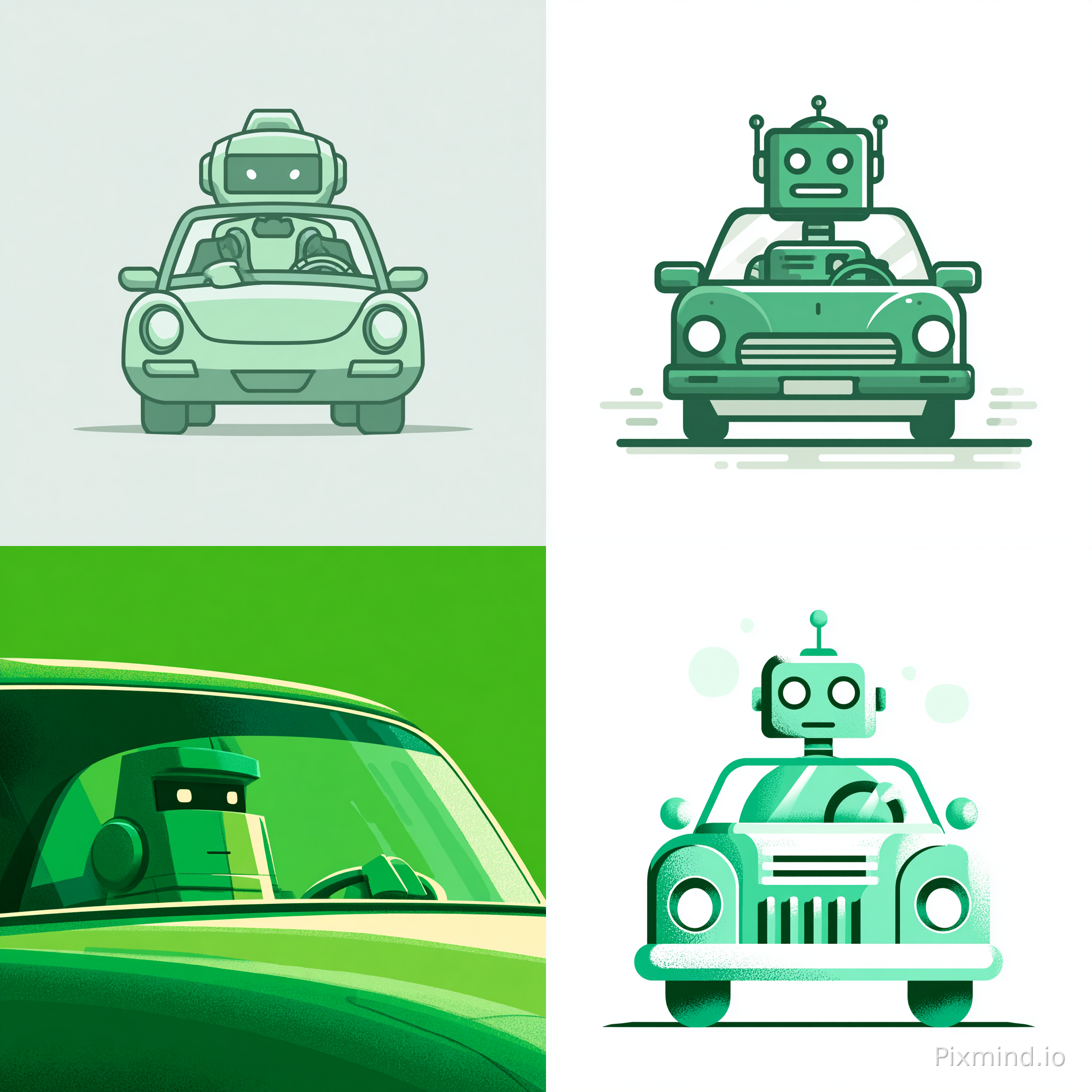 A minimalist, flat cartoon, abstract illustration of a robot driving a car. The robot's head is partially visible, with half of it extending above the car's windshield. The image is monochromatic emerald green with no background.