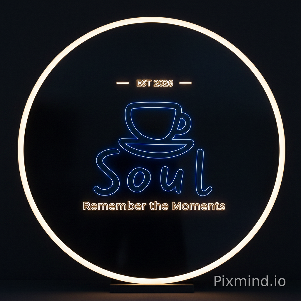 Background: Deep Navy / Black Acrylic
Logo: Blue outline glow
Text: Warm white LED
Size Suggestion: 24" × 24" or 30" × 30"
Material: Acrylic LED backlit / front-lit
Vendor ကိုပြောဖို့—
“ဒီ logo အတိုင်း LED acrylic light board လုပ်ချင်ပါတယ်။ Logo outline ကို navy blue glow, tagline နဲ့ EST 2026 ကို warm white light ထွက်အောင်လုပ်ပေးပါ။ Background black matte/acrylic ဖြစ်ချင်ပါတယ်။”Prompt
Create a premium round acrylic LED light board design for “SOUL Coffee” using the uploaded logo as the main reference. Keep the exact SOUL logo style: coffee cup icon, handwritten Soul text, EST 2026 on top, and tagline “Remember the Moments” at the bottom. Make the sign circular with a matte deep navy / black background, warm white glowing outer ring, and soft blue neon glow on the logo outline. The overall look should be minimal, classic, cozy, premium, and suitable for a modern coffee cart. Use warm cream and milk white lighting for the text. Center the logo perfectly inside the circle with balanced spacing. Add a realistic acrylic backlit effect, subtle glow, clean edges, and vendor-ready signage mockup. No extra icons, no fish, no cartoon, no busy background.
Negative Prompt
square board, rectangle board, extra text, fish, cartoon dog, changed logo, distorted logo, misspelled SOUL, misspelled Remember the Moments, too many decorations, colorful background, low quality, blurry, messy layout, uneven spacing, harsh neon, cheap sign look
Vendor အတွက် တစ်ကြောင်းတည်းလိုရင်—
Round acrylic LED light board, 24 inch diameter, matte deep navy/black background, warm white outer glow ring, SOUL logo in blue neon outline, tagline and EST 2026 in warm white LED, premium minimal coffee cart signage.