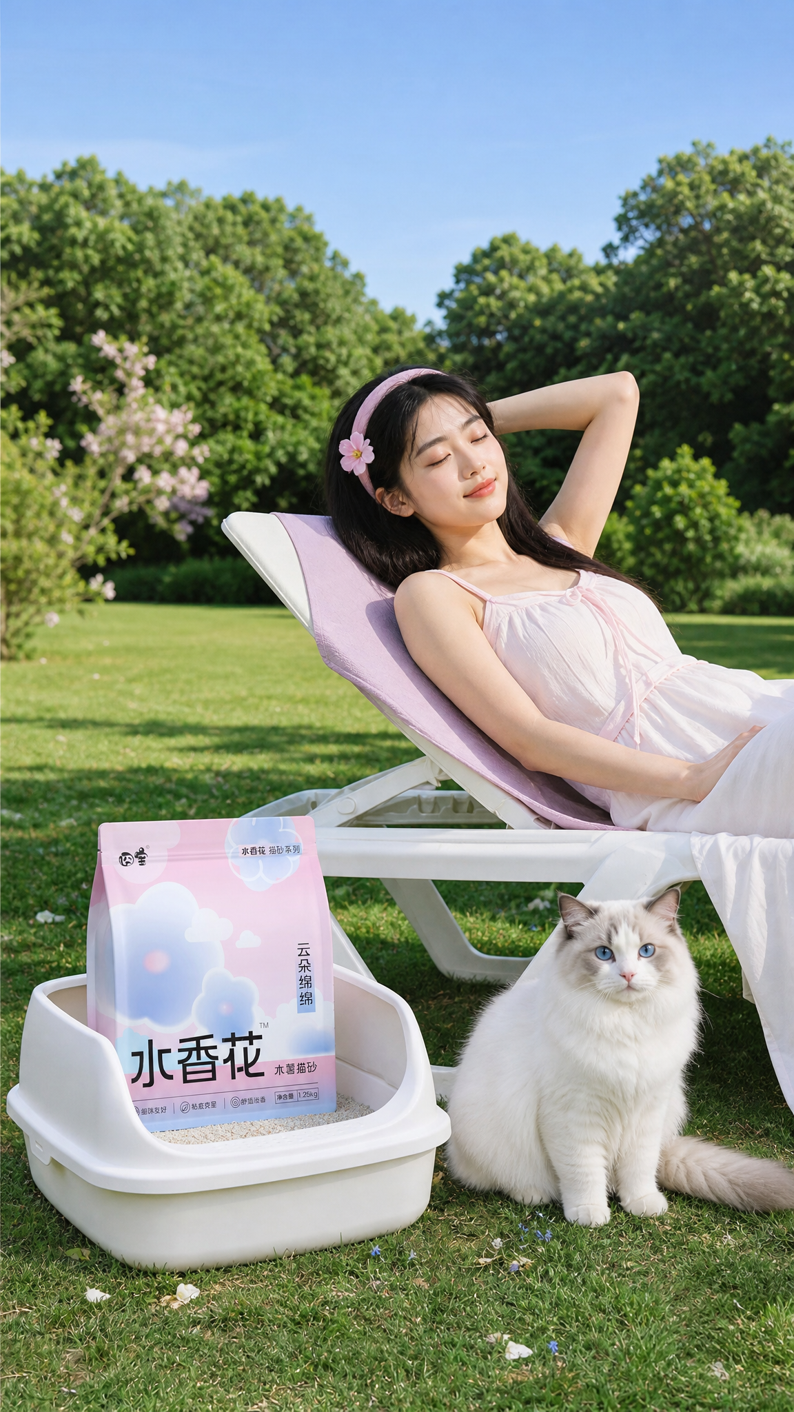 背景换成类似图2的,场景是一个年轻女子躺在自己院子里晒太阳闭幕养神,春日惬意时光。椅子上的绿色布料变成淡紫粉,人物换一个长相,动作和衣服也换下,头上带着粉色的发箍,发箍上插了一朵粉色的樱花,猫砂盆里的包装换成图3的,包装上的字迹和图案要清晰可见,包装立体透视合理透视角度和猫砂盆一样,猫变成一只坐着的白色布偶猫,草地质感保持图1的不要改变。