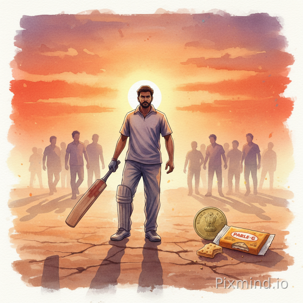 A nostalgic watercolor-meets-digital illustration of Indian street cricket at sunset, viewed from a slightly low angle. A lone heroic batsman in a loose jersey stands confidently, holding a cricket bat, symbolizing the entire team's hope, with the sun directly behind his head creating a golden halo. His friends are blurred in the background, fading into the bright light. A single 10-rupee coin sits prominently on the dusty pitch next to a half-eaten pack of Parle-G. The sky is painted in deep oranges and purples, with the shadows stretching endlessly. The overall mood is bittersweet—capturing the feeling that the day was too short and these friends are now lost to time. Soft focus, dreamy texture, vibrant indian summer colors, emotional depth, heartwarming.
Negative Prompt:
Dark, scary, modern cityscapes, crowded market, gloomy, rainy, dull grey, static poses, western setting.