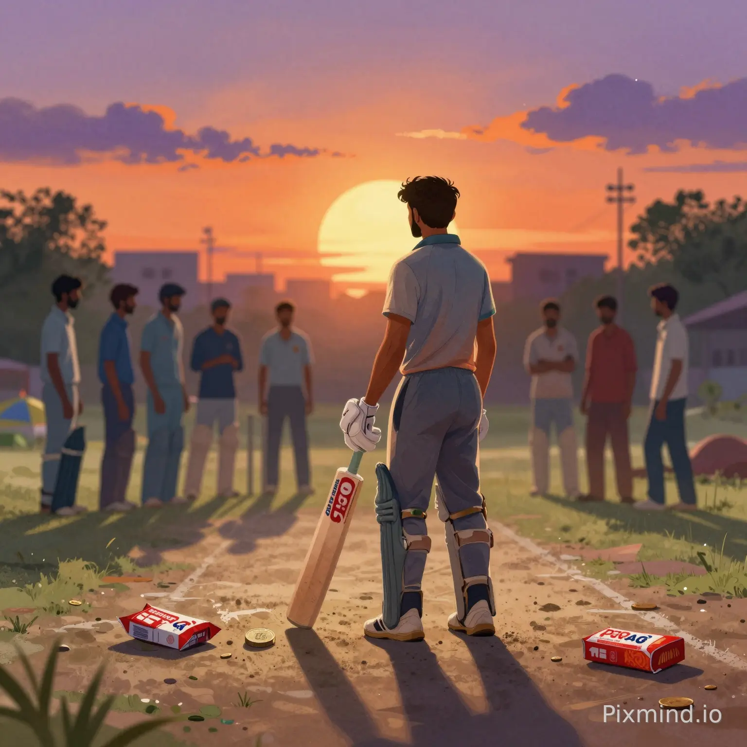 A nostalgic watercolor-meets-digital illustration of Indian street cricket at sunset, viewed from a slightly low angle. A lone heroic batsman in a loose jersey stands confidently, holding a cricket bat, symbolizing the entire team's hope, with the sun directly behind his head creating a golden halo. His friends are blurred in the background, fading into the bright light. A single 10-rupee coin sits prominently on the dusty pitch next to a half-eaten pack of Parle-G. The sky is painted in deep oranges and purples, with the shadows stretching endlessly. The overall mood is bittersweet—capturing the feeling that the day was too short and these friends are now lost to time. Soft focus, dreamy texture, vibrant indian summer colors, emotional depth, heartwarming.
Negative Prompt:
Dark, scary, modern cityscapes, crowded market, gloomy, rainy, dull grey, static poses, western setting.