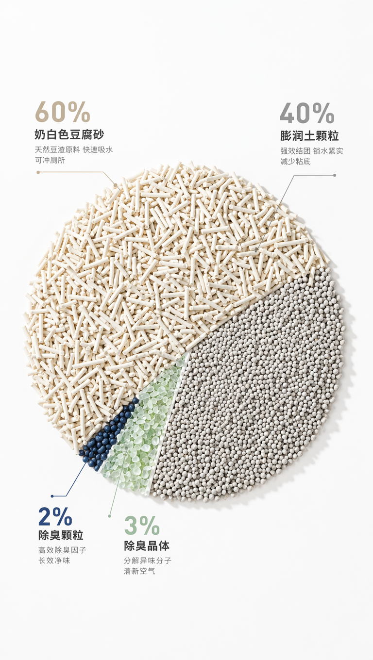 高清极简风混合猫砂成分比例展示图,画面以纯净哑光白色为背景,核心是一个圆形猫砂堆,以扇形分区直观呈现多元颗粒构成。颗粒大小相近。这块扇形区域以60%奶白色长条状豆腐砂,40%深蓝色的圆形除臭颗粒,3%半透明的浅绿色不规则颗粒,2%深蓝色的圆形除臭颗粒组成:
最大区域为奶白色长条状豆腐砂,颗粒纹理细腻、形态规整,交错堆叠形成蓬松基底;
右侧扇形区域为圆润的浅灰色膨润土颗粒,质地紧实均匀;
左下角小扇形区域为为半透明的浅绿色不规则颗粒,如碎钻般点缀其中,通透感强。
左下角最小扇形区域为深蓝色的圆形除臭颗粒,清晰传递除臭功能属性。
构图采用俯拍正视角,视觉焦点集中在猫砂颗粒的分区结构与材质差异上,光线为明亮柔和的顶光,在颗粒堆边缘形成细腻阴影,凸显不同颗粒的立体感与质感层次,整体风格干净专业、极简高级,色彩以奶白、浅灰、蓝色、浅绿为主,完美传递混合猫砂科学配比、复合功能的核心卖点,适配电商详情页成分科普与产品结构展示。,9:16