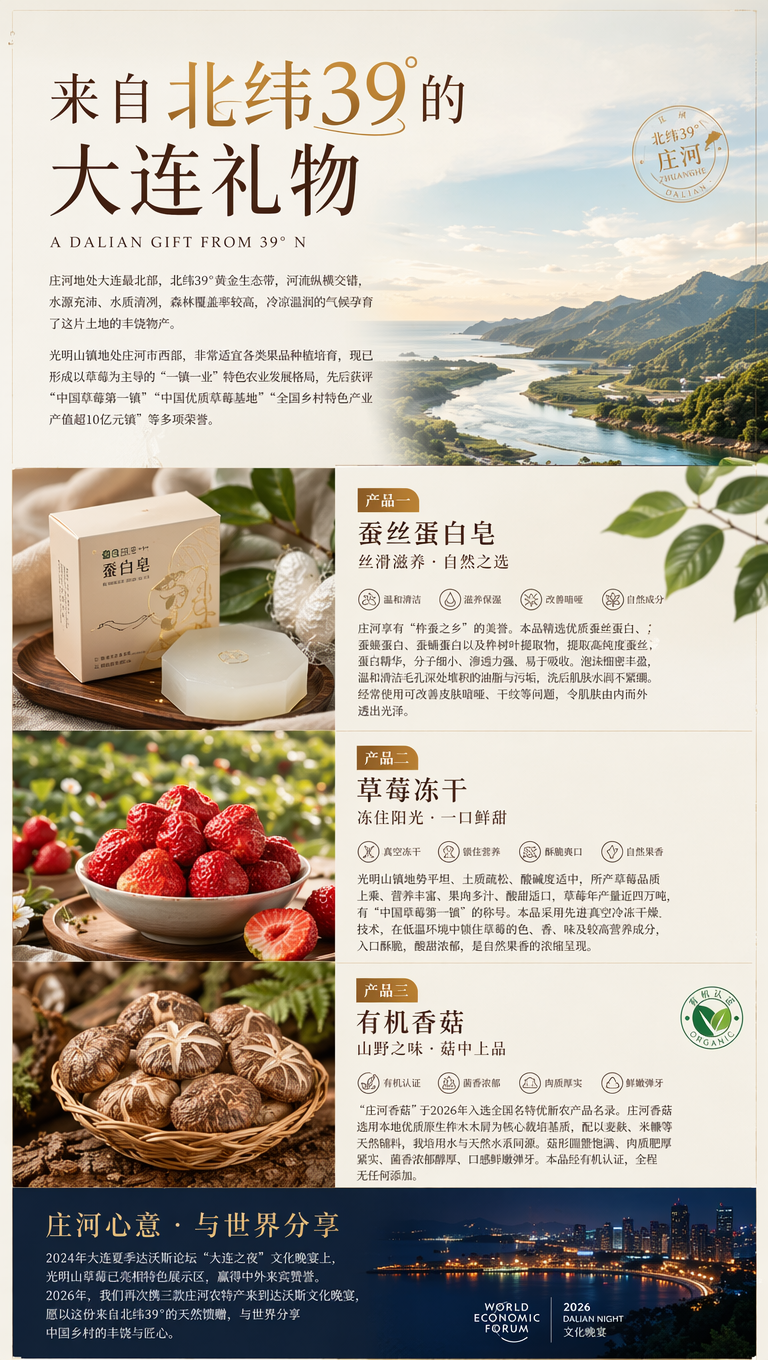 在这个牌子上设计一张宽20厘米高1米的宣传海报,文字内容如下:来自北纬39°的大连礼物
庄河地处大连最北部,北纬39°黄金生态带,河流纵横交错,水源充沛、水质清冽,森林覆盖率较高,冷凉温润的气候孕育了这片土地的丰饶物产。光明山镇地处庄河市西部,非常适宜各类果品种植培育,现已形成以草莓为主导的“一镇一业”特色农业发展格局,先后获评“中国草莓第一镇”“中国优质草莓基地”“全国乡村特色产业产值超10亿元镇”等多项荣誉。
产品一:蚕丝蛋白皂
丝滑滋养 · 自然之选
庄河享有“柞蚕之乡”的美誉。本品精选优质蚕丝蛋白、蚕蛾蛋白、蚕蛹蛋白以及柞树叶提取物,提取高纯度蚕丝蛋白精华,分子细小、渗透力强、易于吸收。泡沫细密丰盈,温和清洁毛孔深处堆积的油脂与污垢,洗后肌肤水润不紧绷。经常使用可改善皮肤暗哑、干纹等问题,令肌肤由内而外透出光泽。
产品二:草莓冻干
冻住阳光 · 一口鲜甜
光明山镇地势平坦、土质疏松、酸碱度适中,所产草莓品质上乘、营养丰富、果肉多汁、酸甜适口,草莓年产量近四万吨,有“中国草莓第一镇”的称号。本品采用先进真空冷冻干燥技术,在低温环境中锁住草莓的色、香、味及较高营养成分,入口酥脆,酸甜浓郁,是自然果香的浓缩呈现。
产品三:有机香菇
山野之味 · 菇中上品
“庄河香菇”于2026年入选全国名特优新农产品名录。庄河香菇选用本地优质原生柞木木屑为核心栽培基质,配以麦麸、米糠等天然辅料,栽培用水与天然水系同源。菇形圆整饱满、肉质肥厚紧实、菌香浓郁醇厚、口感鲜嫩弹牙。本品经有机认证,全程无任何添加。
收尾语(建议置于最下方)
庄河心意 · 与世界分享
2024年大连夏季达沃斯论坛“大连之夜”文化晚宴上,光明山草莓已亮相特色展示区,赢得中外来宾赞誉。2026年,我们再次携三款庄河农特产来到达沃斯文化晚宴,愿以这份来自北纬39°的天然馈赠,与世界分享中国乡村的丰饶与匠心。
设计风格国际化,高级