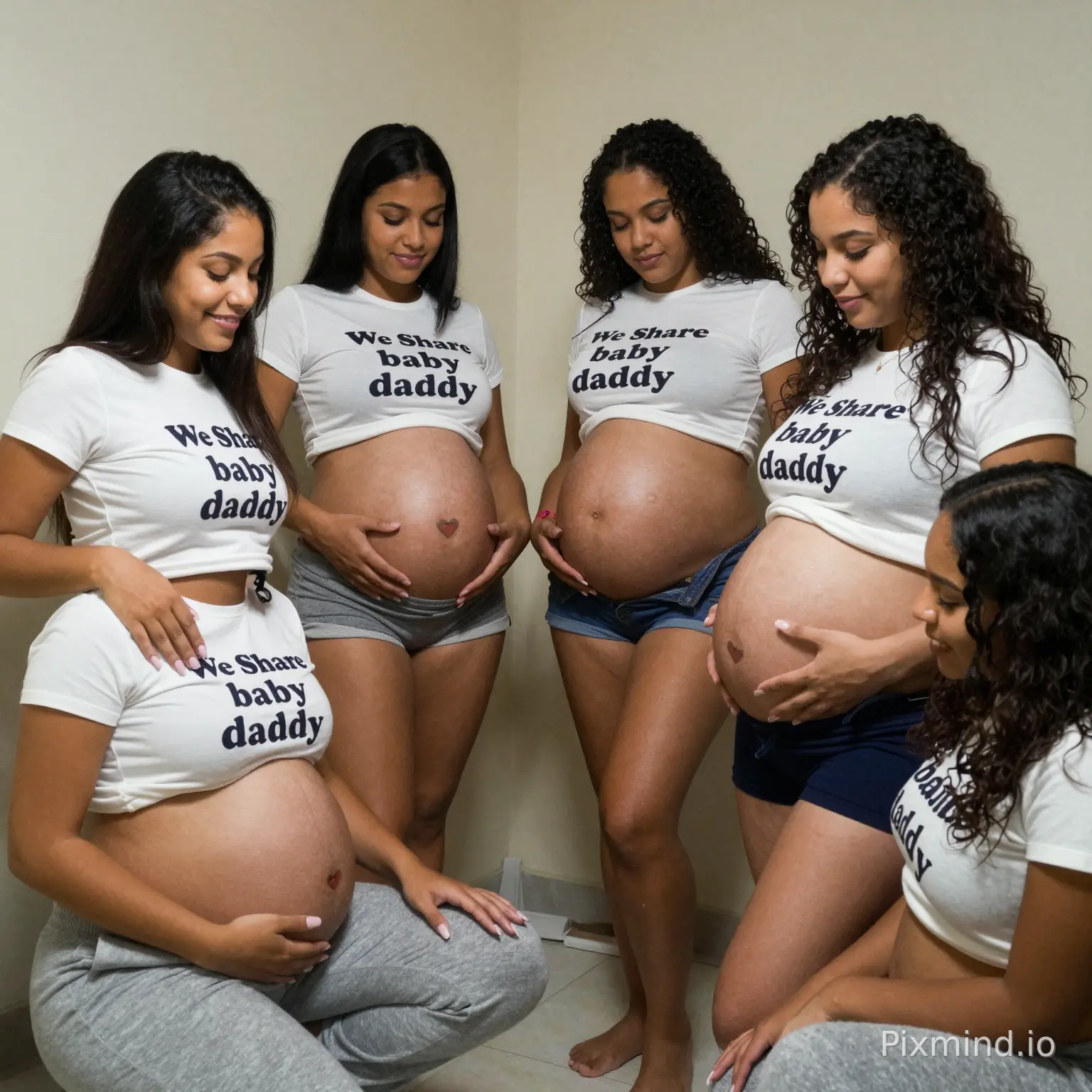 pregnant young cute women, 18-19 years-old, huge baby bumps, giant pregnant bellies, 9 months pregnant, chubby legs, bubble ass, tanned skin, sleppy, dominicans, Santo Domingo, in home, small house, girls meeting, all pregnant, pre-pregnancy clothes, aesthetic "We Share baby daddy❤" print crop shirts, sweat pants, heart tattoo in belly, long cute nails, hanging around, at night,