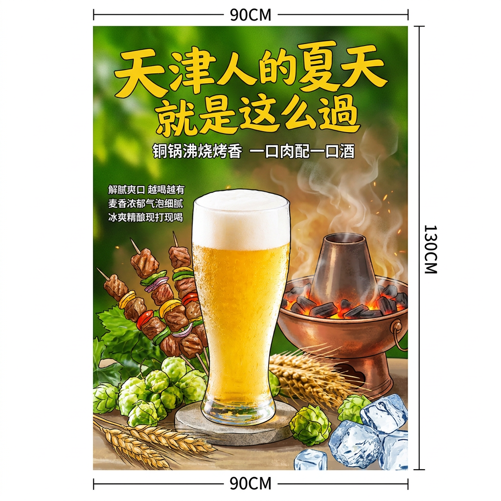 生成绿色背景的海报,海报广告词是烧烤铜锅配精酿 小标题 铜锅沸烧烤香
一口肉配一口酒 大标题 天津人的夏天就是这么過 小标题 解腻爽口
越喝越有 麦香浓郁气泡细腻 冰爽精酿现打现喝 尺寸90CM -130CM 不需要火锅