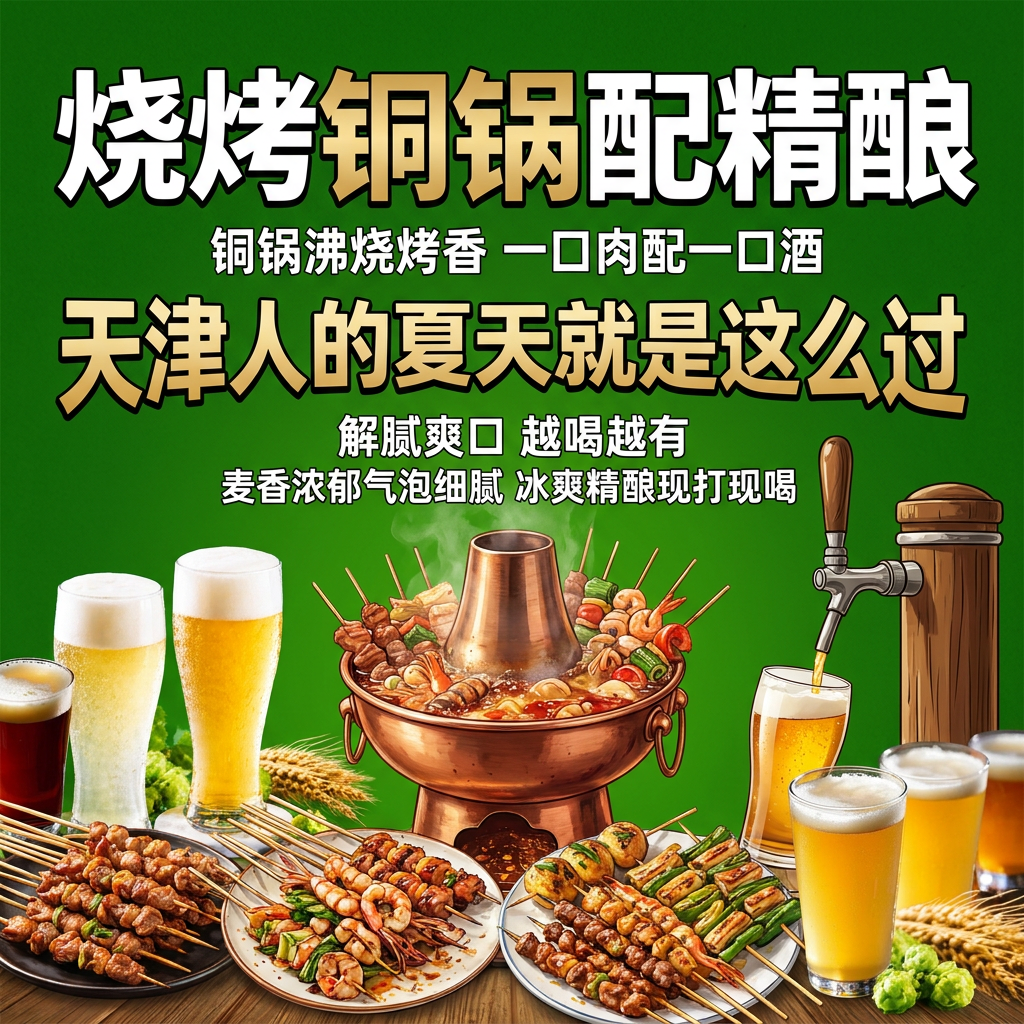 生成绿色背景的海报,海报广告词是烧烤铜锅配精酿 小标题 铜锅沸烧烤香
一口肉配一口酒 大标题 天津人的夏天就是这么過 小标题 解腻爽口
越喝越有 麦香浓郁气泡细腻 冰爽精酿现打现喝 尺寸90CM -130CM 不需要火锅l图案,多加点啤酒和烤串