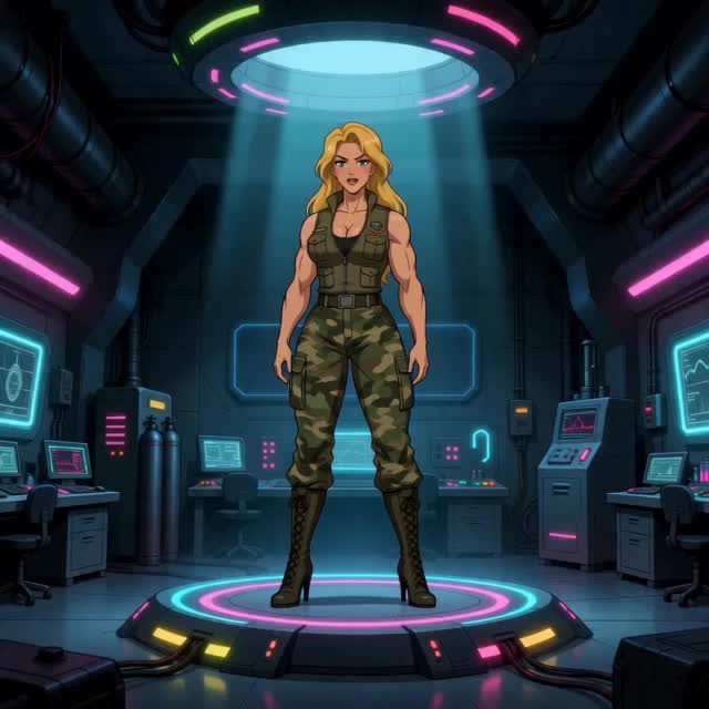 [In the style of a classic Disney animated film, circa the 1990s, high-quality 2D hand-drawn limited cel animation. Stretch and squash techniques, but not exaggerated. (Do NOT use CGI or any other type of animation.) The character is the female military officer seen in reference image 1, undergoing a stunning and cinematic growth sequence, outgrowing a military laboratory.  Multi-shot composition editing with dynamic cinematography, expressive movement, and visual flourish like a music video. The tone should be serious, detailed, and sharp, with the cinematic quality of top studios. use wide, unzoomed shots for comparitive scale. The video should NOT just be the reference images animated in motion, but should sincerely resemble as mentioned earlier a disney hand animated cel based film from the 1990s.] [A beautiful, elegant, slender but very muscular and top heavy young military women grows bigger in a regular sized military laboratory (the ceiling should be regular height at about 10 feet). An important note is that though they grow larger, and curvier and remsins muscular, the woman does NOT at any point grow rounder, or fatter, especially their face stays thin and gorgeous.] [The music for the video which should be emphasized is an epic and emotional musical narrative piece the woman is singing, like a villain origin song, which is ominous and imposing, with lyrics about size, growing, that consust of adjectives and synonyms meaning 'huge' as if to underscore the transformation occurring, with each word sounding more indylgent in pleasure and desire. There is no particular spoken dialogue, except for the ambient noises one would expect from the woman growing and outgrowing things as the lab is destroyed around her. For her part the woman should groan and moan in sensation and reaction to what is happening to her.] [As the video begins, the woman is standing in the middle of a small sci-fi looking platform that has Neon lights flowing in a small burst. She immediately starts to grow bigger in size, affecting her outfit. Make it cinematic like American werewolf of london style. She groans and grunts as she grows, clothes straining and tearing, Have a closeup shot of their seams tearing, feet bursting and forcing their way out of her boots, as well as a closeup of outfits shredding. It should be very rapid and powerful growth in spurts, As she stands in the middle of the room Very quickly her size expands and grows outward with rapid speed and force, filling the available space in the room with furniture and furnishings pushed aside and broken as she outgrows it all. We see a closeup shot of her now giant feet pressed flat and growing bigger against one wall, a spiderweb of cracks and fractures from the increasing size and pressure. A normal sized other female scientist is trapped between the woman's toes and the wall, struggling to escape the growing appendage. We see a hallway elsewhere in the building where a couple of comparably tiny/nornal sized female scientists flee down the hallway from the growing scientist's enlarging hand as it stretches and grows down the hall, her knuckles digging into the ceiling as it moves and grows forwards (the storyboard shows it coming through the ceiling, but it should be coming straight down the hall). Blushing, and with sweat beading down her brow, she runs our of room claustrophobically. We see a room on a higher floor where two normal sized female scientists try to keep their balance as the floor bulges and breaks, as the growing female scientist's head starts to grow up and through. the main female scientist's head, neck and the very beginning of her upper body at an enormous size continue to break and outgrow the floor from below, as she still enlarges and rises, the floor in front of her also starting to bulge and rise as her chest is beginning to enlarge through the floor, as the two normal sized/tiny female scientists are perched atop it as it also bursts through and rises as the scientists grows up through multiple floors one after the other as the speed of her growth increases. Finally, she bursts forth and emerges in great destructive detail from the laboratory as a whole as seen from an exterior shot (as a note, the reference image 4 shows the building as being single or double story, but it should be much bigger, with numerous levels and floors). Make it dark and foreboding in atmosphere. The video should span a wide increasing range of scale Make sure the anatomy and physics remain stable and consistent ]