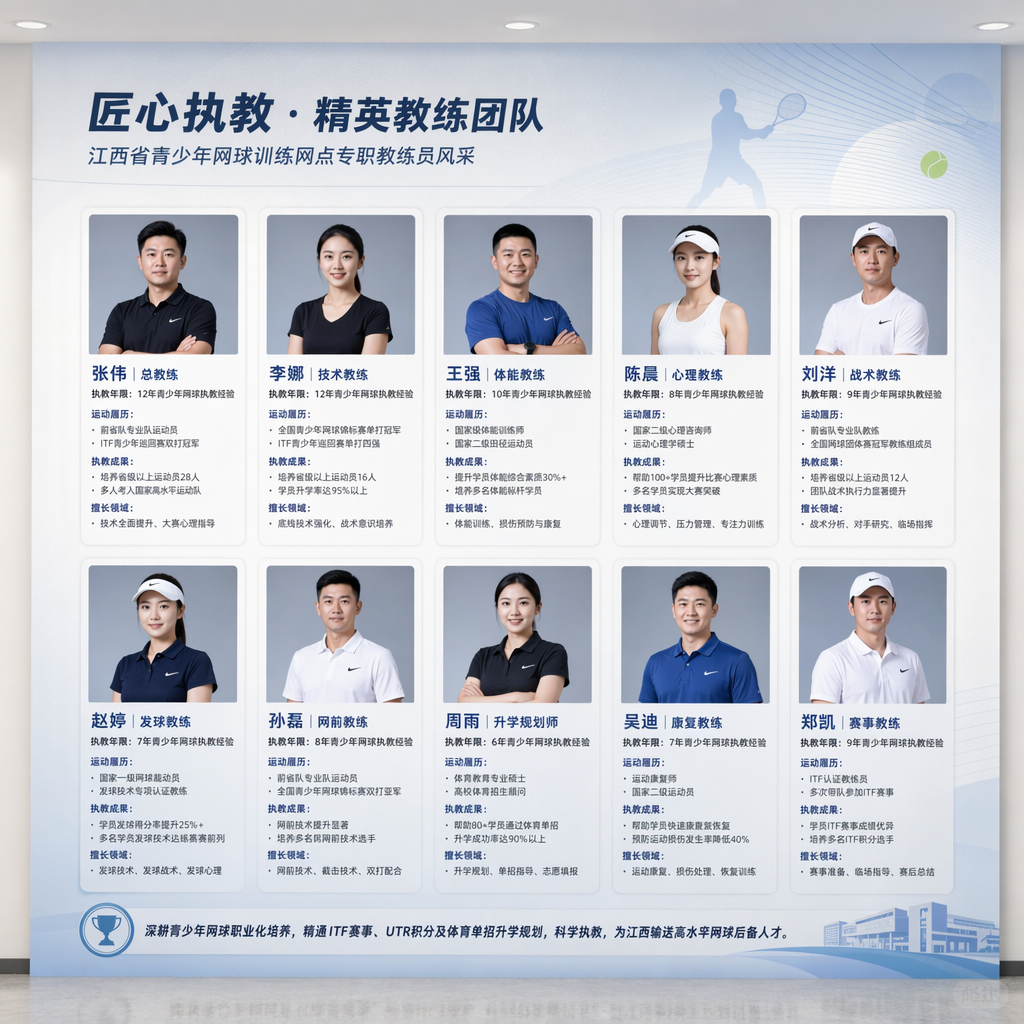 教练员介绍墙
【主标题】
匠心执教 · 精英教练团队
江西省青少年网球训练网点专职教练员风采
【单人统一模板】
照片
姓名|职务
执教年限:XX年青少年网球执教经验
运动履历:
执教成果:
擅长领域:
深耕青少年网球职业化培养,精通ITF赛事、UTR积分及体育单招升学规划,科学执教,为江西输送高水平网球后备人才。 4.55X3.2M