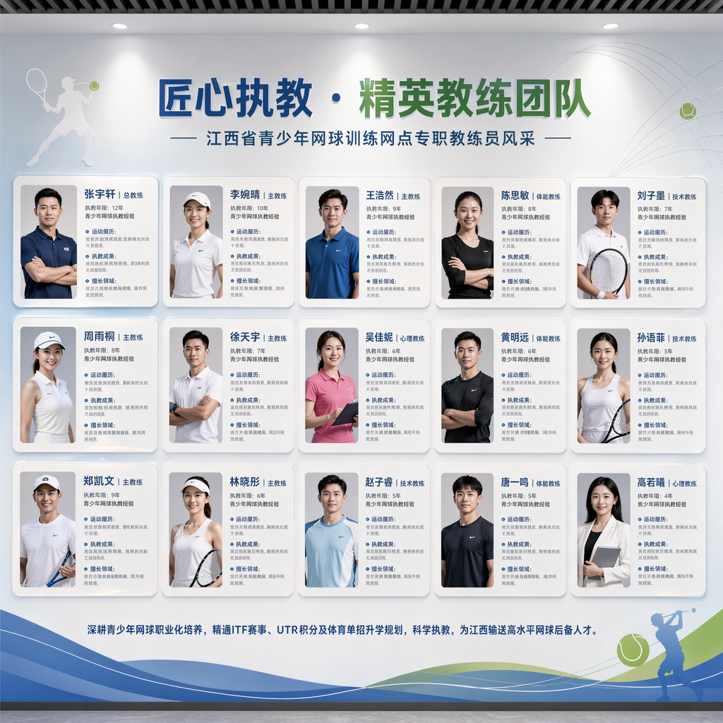 教练员介绍墙
【主标题】
匠心执教 · 精英教练团队
江西省青少年网球训练网点专职教练员风采
【单人统一模板】
照片
姓名|职务
执教年限:XX年青少年网球执教经验
运动履历:
执教成果:
擅长领域:
深耕青少年网球职业化培养,精通ITF赛事、UTR积分及体育单招升学规划,科学执教,为江西输送高水平网球后备人才。 4.55X3.2M 横版的