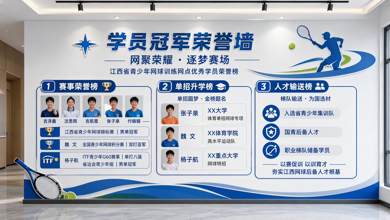 学员冠军荣誉墙
网聚荣耀 · 逐梦赛场
江西省青少年网球训练网点优秀学员荣誉榜
板块1 赛事荣誉榜
吉泽鑫 沈思雨 吉凯恩 张子泉 付镇暘 ……|江西省青少年网球锦标赛|男单冠军
魏 文|全国青少年网球积分赛|双打亚军
杨子航|ITF青少年G60赛事|单打八强|省运会青少年组|男单冠军
板块2 单招升学榜
单招圆梦 · 金榜题名
张子泉|XX大学|体育单招网球专项
魏 文|XX体育学院|高水平运动队
杨子航|XX重点大学|网球特招
板块3 人才输送榜
梯队输送 · 为国选材
入选省青少年集训队、国青后备人才、职业梯队储备学员
以赛促训 以训育才 夯实江西网球后备人才根基