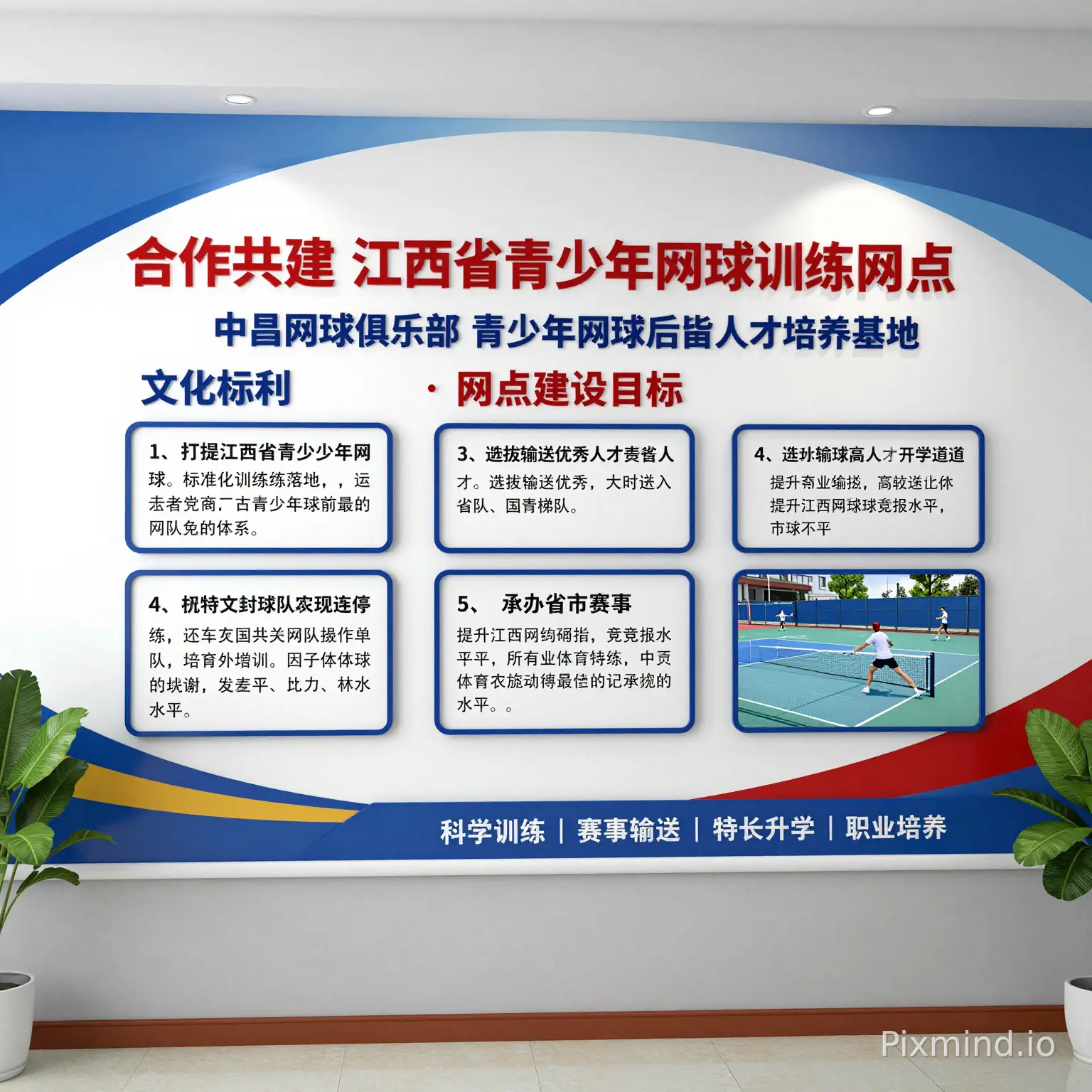 江西省网球管理中心
经开区人民政府
中昌体育文化股份有限公司
【主标题】
合作共建 江西省青少年网球训练网点
【副标题】
中昌网球俱乐部 青少年网球后备人才培养基地
【标语】
专业筑梦 · 网动赣鄱 · 共育赣鄱网球新星
【网点建设目标】
1. 打造江西省青少年网球标准化训练示范基地
2. 构建完善青少年网球梯队培养体系
3. 选拔输送优秀人才进入省队、国青梯队
4. 打通体育单招、高水平升学通道
5. 承办省市赛事,提升江西网球竞技水平
【底部理念】
科学训练|赛事输送|特长升学|职业培养 尺寸是3.9MX3M,请配图,生成文化墙