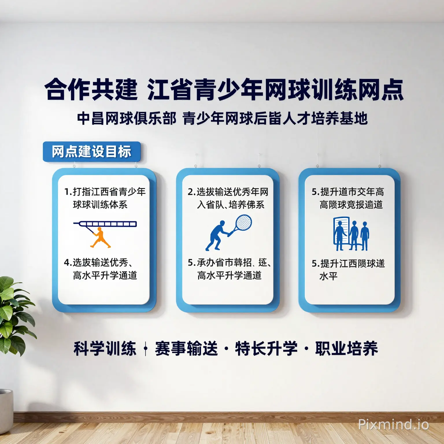 江西省网球管理中心
经开区人民政府
中昌体育文化股份有限公司
【主标题】
合作共建 江西省青少年网球训练网点
【副标题】
中昌网球俱乐部 青少年网球后备人才培养基地
【标语】
专业筑梦 · 网动赣鄱 · 共育赣鄱网球新星
【网点建设目标】
1. 打造江西省青少年网球标准化训练示范基地
2. 构建完善青少年网球梯队培养体系
3. 选拔输送优秀人才进入省队、国青梯队
4. 打通体育单招、高水平升学通道
5. 承办省市赛事,提升江西网球竞技水平
【底部理念】
科学训练|赛事输送|特长升学|职业培养 尺寸是3.9MX3M,请配图,生成文化墙