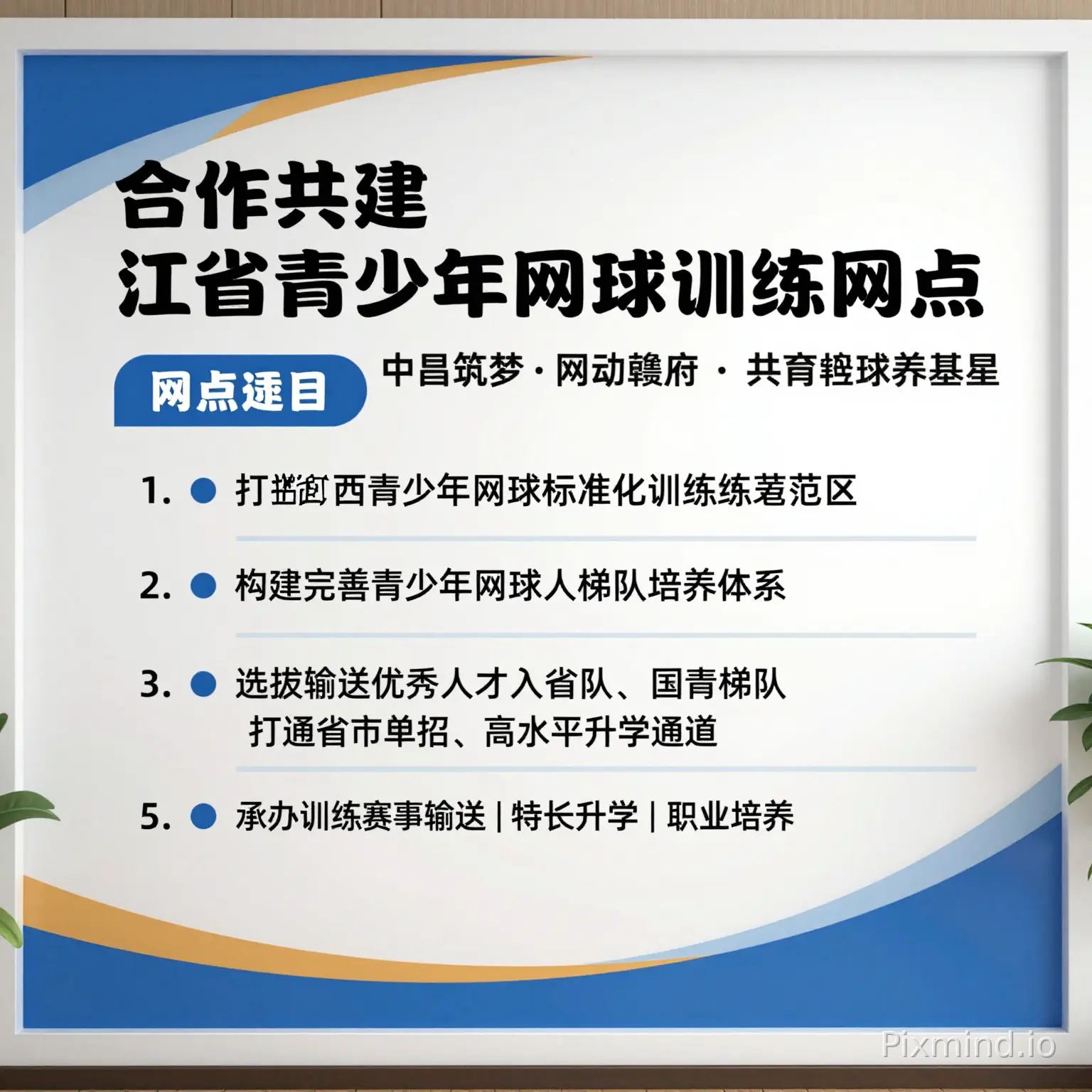 江西省网球管理中心
经开区人民政府
中昌体育文化股份有限公司
【主标题】
合作共建 江西省青少年网球训练网点
【副标题】
中昌网球俱乐部 青少年网球后备人才培养基地
【标语】
专业筑梦 · 网动赣鄱 · 共育赣鄱网球新星
【网点建设目标】
1. 打造江西省青少年网球标准化训练示范基地
2. 构建完善青少年网球梯队培养体系
3. 选拔输送优秀人才进入省队、国青梯队
4. 打通体育单招、高水平升学通道
5. 承办省市赛事,提升江西网球竞技水平
【底部理念】
科学训练|赛事输送|特长升学|职业培养 尺寸是3.9MX3M,请配图,生成文化墙,层次分明,主题也是要的,最上面三行字是主题,风格现代