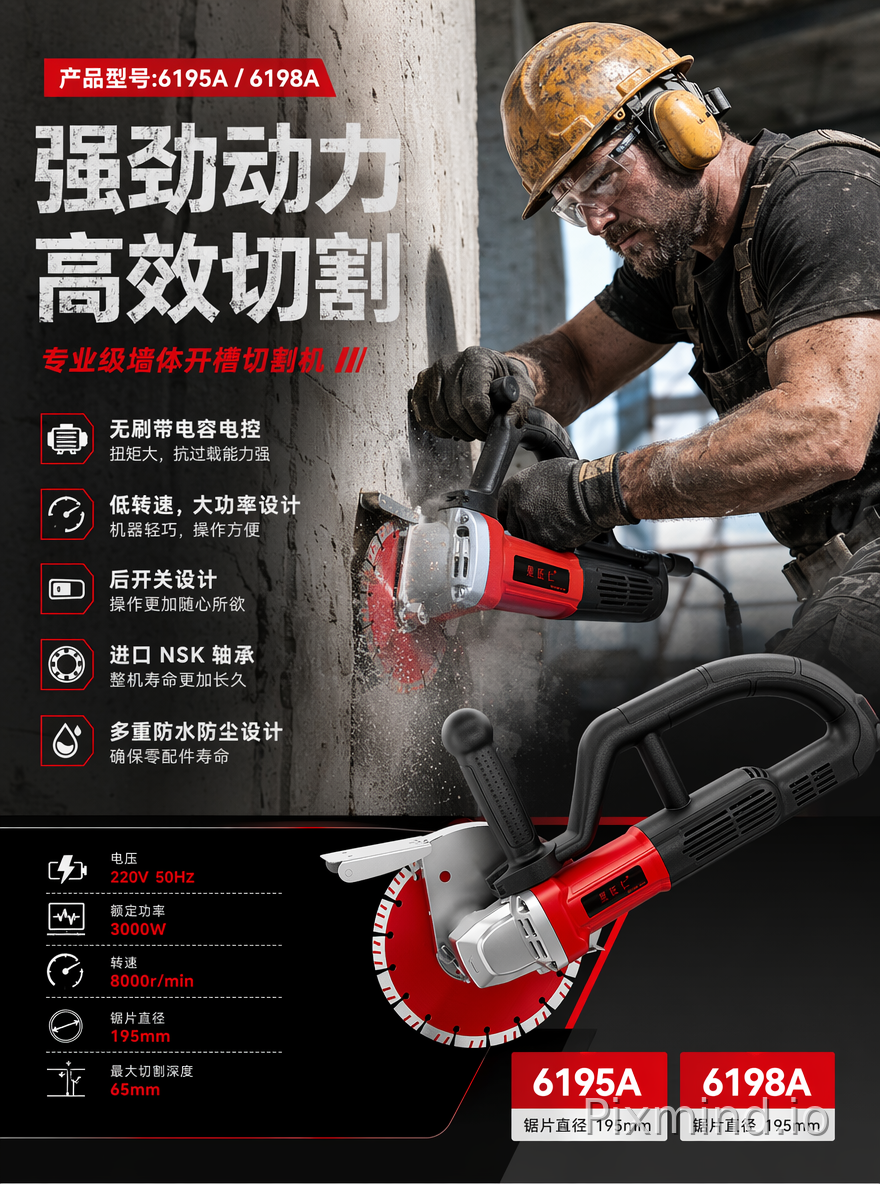 产品型号:6195A
卖点
无刷带电容电控,机器扭矩大,抗过载能力强;低转速,大功率设计,机器轻巧,操作方便;后开关设计,操作更加随心所欲;进口NSK轴承,整机寿命更加长久;多重防水防尘设计,确保零配件寿命;电压:220V 50HZ
额定功率:3000W
转速:8000r/min
产品型号:6198A
锯片直径:195mm
最大切割深度:65mm,分析上述数据,卖点,生成一个产品海报,海报上需要有一个穿着工地护具的外国工人,使用电锯切开墙面的场景图