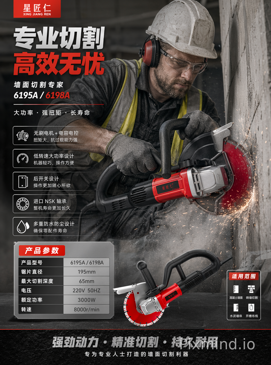 产品型号:6195A
卖点
无刷带电容电控,机器扭矩大,抗过载能力强;低转速,大功率设计,机器轻巧,操作方便;后开关设计,操作更加随心所欲;进口NSK轴承,整机寿命更加长久;多重防水防尘设计,确保零配件寿命;电压:220V 50HZ
额定功率:3000W
转速:8000r/min
产品型号:6198A
锯片直径:195mm
最大切割深度:65mm,分析上述数据,卖点,生成一个产品海报,海报上需要有一个穿着工地护具的外国工人,使用电锯切开墙面的场景图