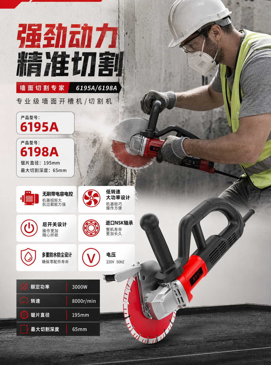 产品型号:6195A
卖点
无刷带电容电控,机器扭矩大,抗过载能力强;低转速,大功率设计,机器轻巧,操作方便;后开关设计,操作更加随心所欲;进口NSK轴承,整机寿命更加长久;多重防水防尘设计,确保零配件寿命;电压:220V 50HZ
额定功率:3000W
转速:8000r/min
产品型号:6198A
锯片直径:195mm
最大切割深度:65mm,分析上述数据,卖点,生成一个产品海报,海报上需要有一个穿着工地护具的外国工人,使用电锯切开墙面的场景图