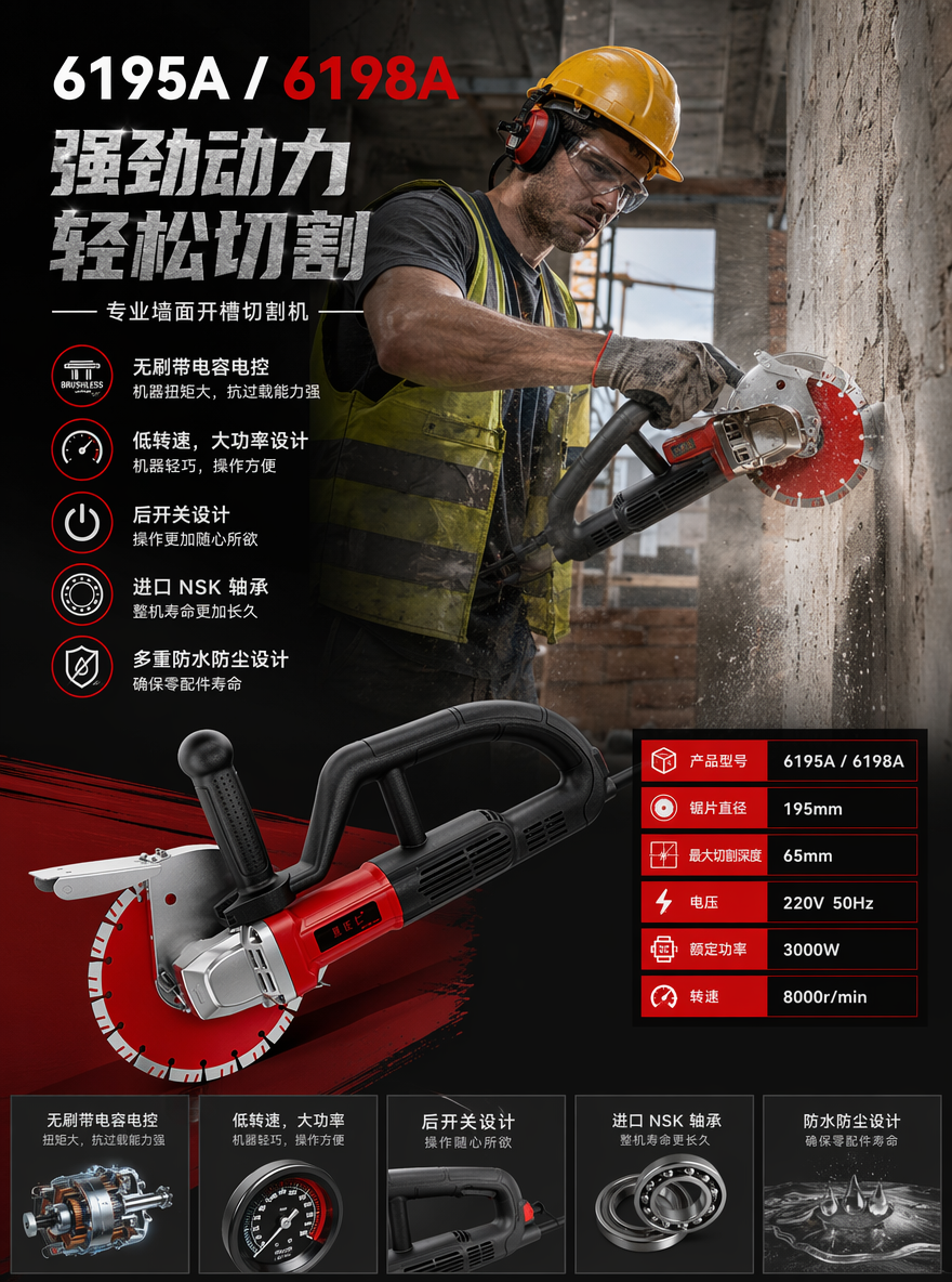 产品型号:6195A
卖点
无刷带电容电控,机器扭矩大,抗过载能力强;低转速,大功率设计,机器轻巧,操作方便;后开关设计,操作更加随心所欲;进口NSK轴承,整机寿命更加长久;多重防水防尘设计,确保零配件寿命;电压:220V 50HZ
额定功率:3000W
转速:8000r/min
产品型号:6198A
锯片直径:195mm
最大切割深度:65mm,分析上述数据,卖点,生成一个产品海报,海报上需要有一个穿着工地护具的外国工人,使用电锯切开墙面的场景图