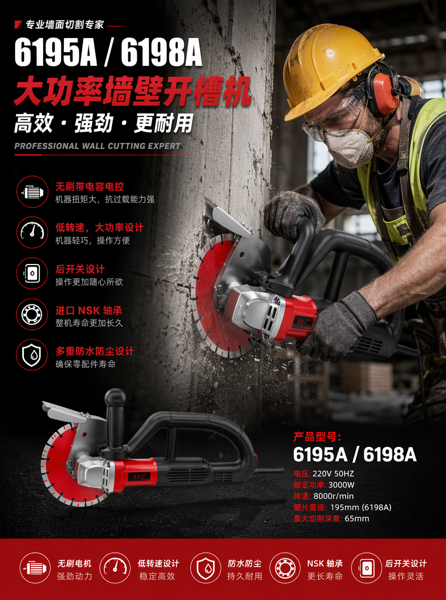 产品型号:6195A
卖点
无刷带电容电控,机器扭矩大,抗过载能力强;低转速,大功率设计,机器轻巧,操作方便;后开关设计,操作更加随心所欲;进口NSK轴承,整机寿命更加长久;多重防水防尘设计,确保零配件寿命;电压:220V 50HZ
额定功率:3000W
转速:8000r/min
产品型号:6198A
锯片直径:195mm
最大切割深度:65mm,分析上述数据,卖点,生成一个产品海报,海报上需要有一个穿着工地护具的外国工人,使用电锯切开墙面的场景图