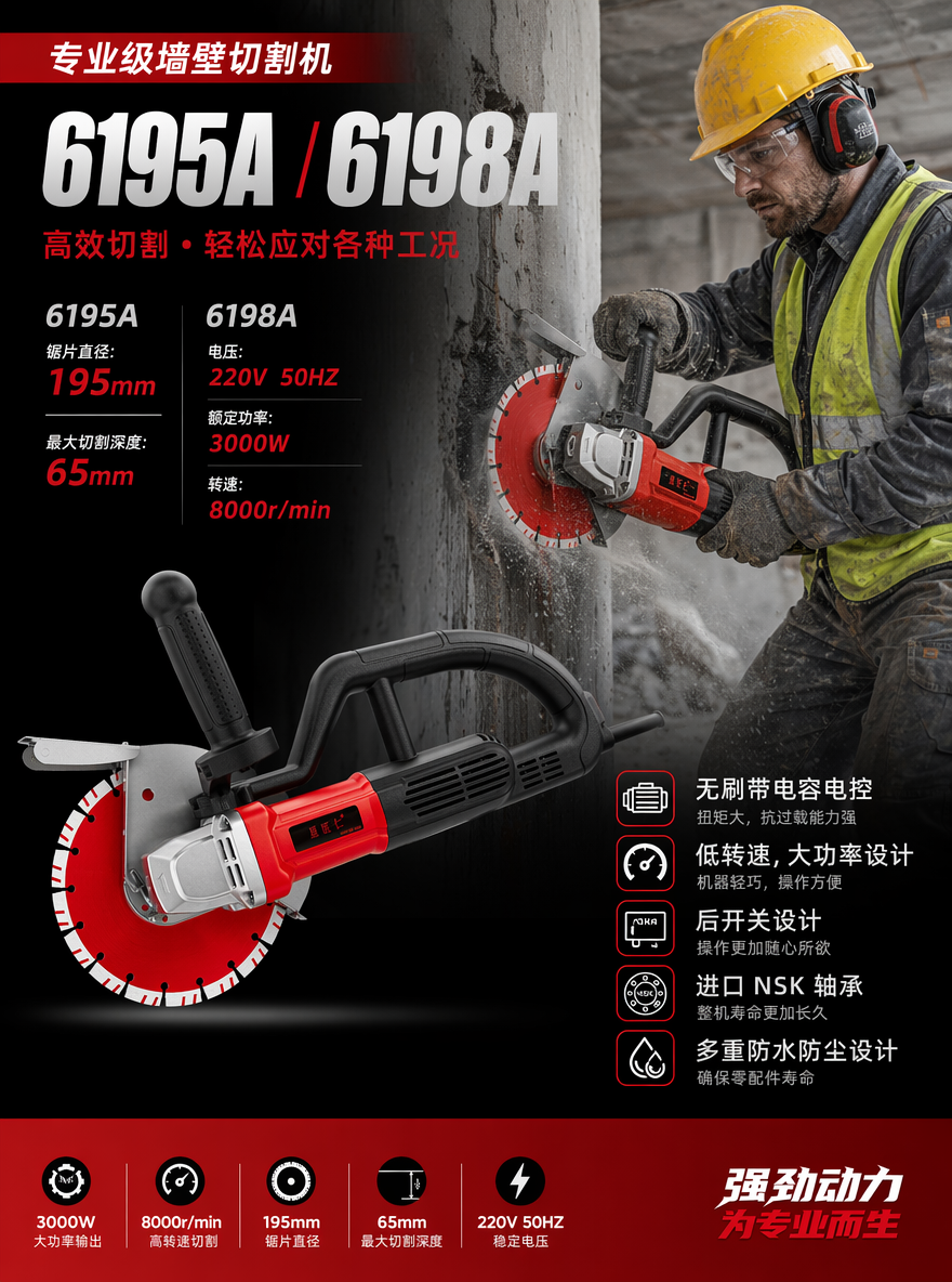 产品型号:6195A
卖点
无刷带电容电控,机器扭矩大,抗过载能力强;低转速,大功率设计,机器轻巧,操作方便;后开关设计,操作更加随心所欲;进口NSK轴承,整机寿命更加长久;多重防水防尘设计,确保零配件寿命;电压:220V 50HZ
额定功率:3000W
转速:8000r/min
产品型号:6198A
锯片直径:195mm
最大切割深度:65mm,分析上述数据,卖点,生成一个产品海报,海报上需要有一个穿着工地护具的外国工人,使用电锯切开墙面的场景图