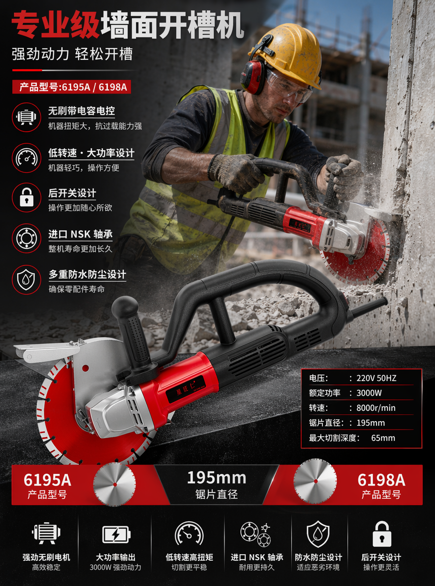 产品型号:6195A
卖点
无刷带电容电控,机器扭矩大,抗过载能力强;低转速,大功率设计,机器轻巧,操作方便;后开关设计,操作更加随心所欲;进口NSK轴承,整机寿命更加长久;多重防水防尘设计,确保零配件寿命;电压:220V 50HZ
额定功率:3000W
转速:8000r/min
产品型号:6198A
锯片直径:195mm
最大切割深度:65mm,分析上述数据,卖点,生成一个产品海报,海报上需要有一个穿着工地护具的外国工人,使用电锯切开墙面的场景图