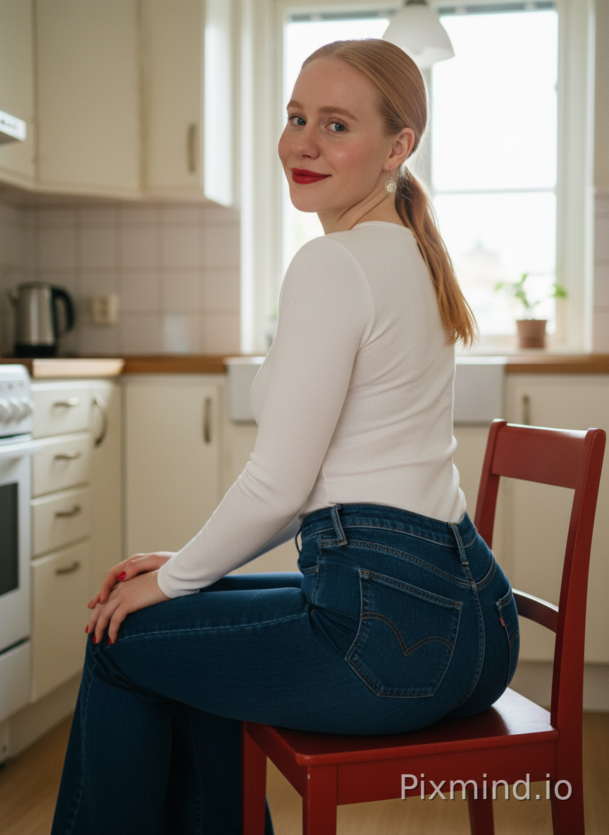 same woman. portrait. sensual, gorgeous. all natural, no makeup. looking back over her shoulder, shy, looking like she is in love. hair in a low ponytail. hair is slightly more ginger.
wearing a simple white top, extremely form-fitting, made from quality material. she is short, only 5ft4.
small bum, perfectly shaped, round and firm. athletic body. her bum is akin to a shelf on a wall. creamy red lipstick, matching nails.
wearing extremely dark blue levi's jeans pants, extremely snug around her hips and bum, wide legs.
in a typical swedish apartment kitchen, sitting in a red chair, one leg over the other.
Photographed on Sony α7R V, 85mm f/1.4 lens, shallow depth of field, soft cinematic backlighting, background out of focus. Crisp details, hyper-detailed textures, 8k resolution, photorealistic, shot on 35mm film format.