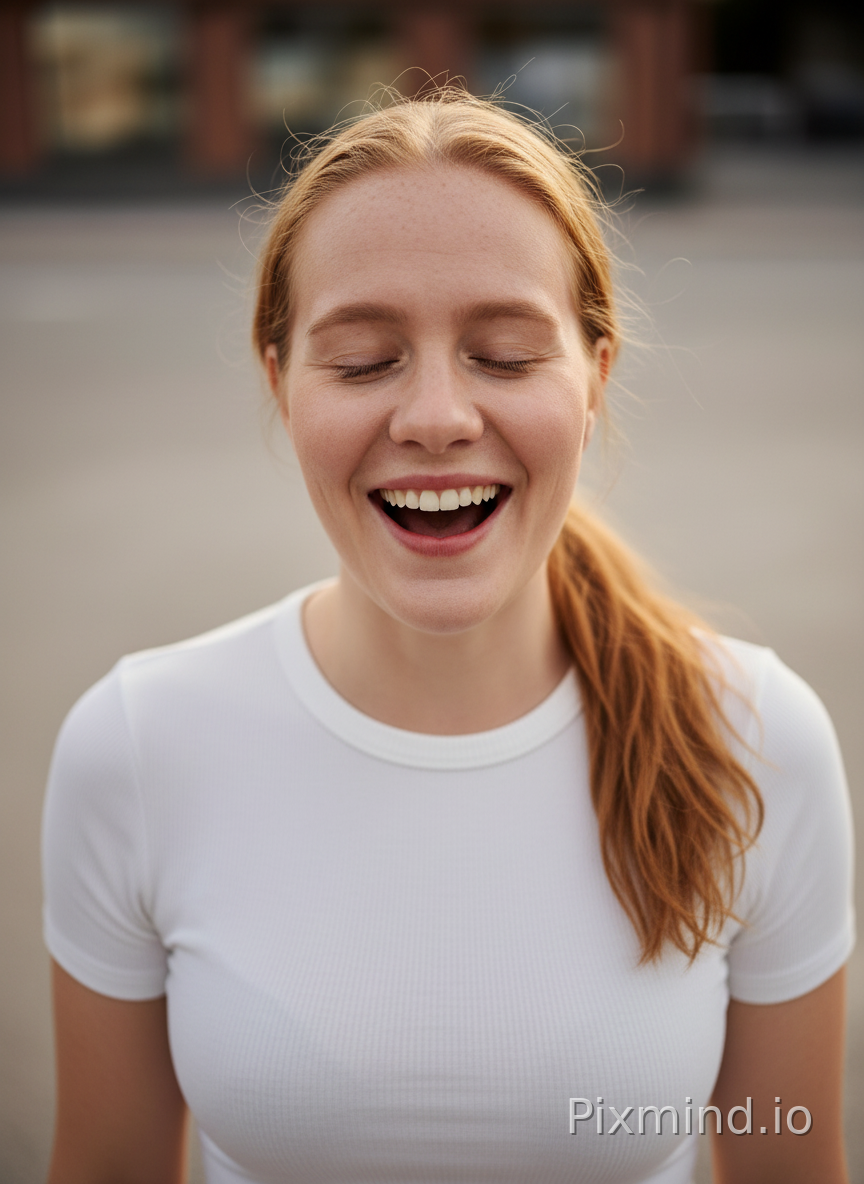 same woman. portrait. sensual, gorgeous. all natural, no makeup. face portrait. eyes closed, mouth open in happy surprise. hair in a low ponytail. hair is slightly more ginger.
wearing a simple white top, extremely form-fitting, made from quality material. photographed from directly above.
Photographed on Sony α7R V, 85mm f/1.4 lens, shallow depth of field, soft cinematic backlighting, background out of focus. Crisp details, hyper-detailed textures, 8k resolution, photorealistic, shot on 35mm film format.