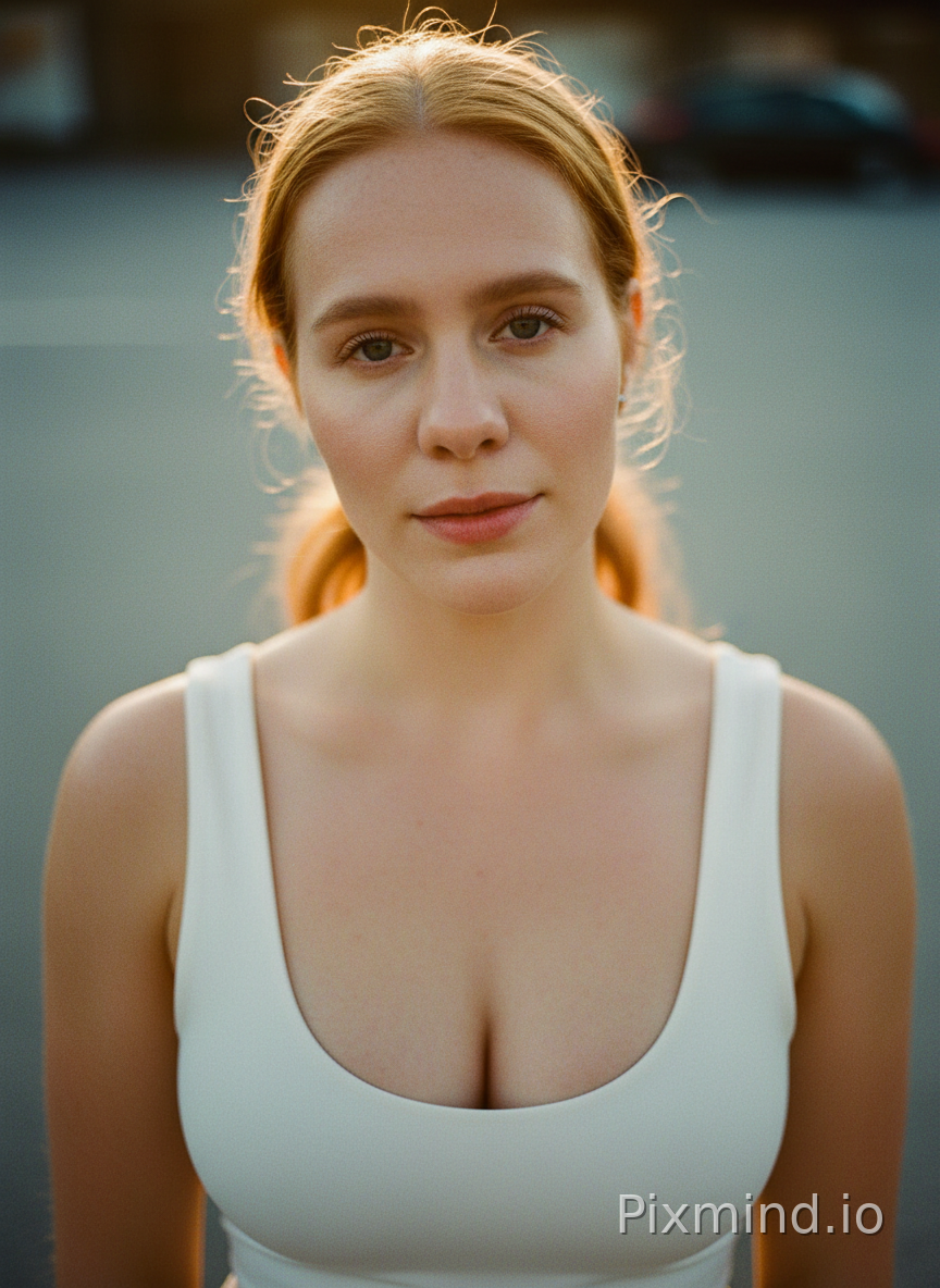 same woman. portrait. sensual, gorgeous. all natural, no makeup. face portrait. looking into the camera, like she is in love. hair in a low ponytail. hair is slightly more ginger.
wearing a simple white top, low-cut, extremely form-fitting, made from quality material. photographed from directly above. she has visible tan lines. small perky chest.
Photographed on Sony α7R V, 85mm f/1.4 lens, shallow depth of field, soft cinematic backlighting, background out of focus. Crisp details, hyper-detailed textures, 8k resolution, photorealistic, shot on 35mm film format.