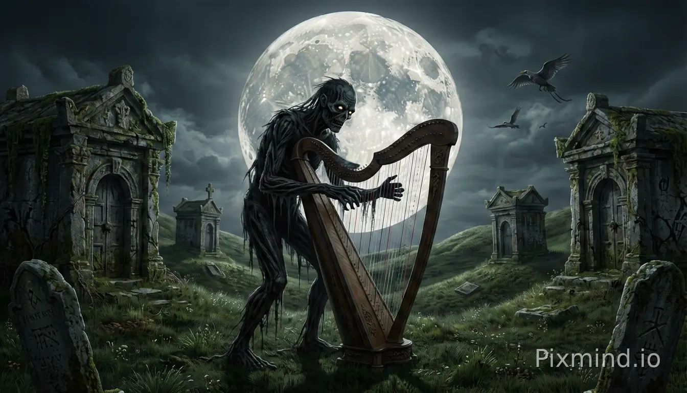 A creepy humanoid creature plays a harp on grassy hills dotted with ancient stone tombs under a large full moon.