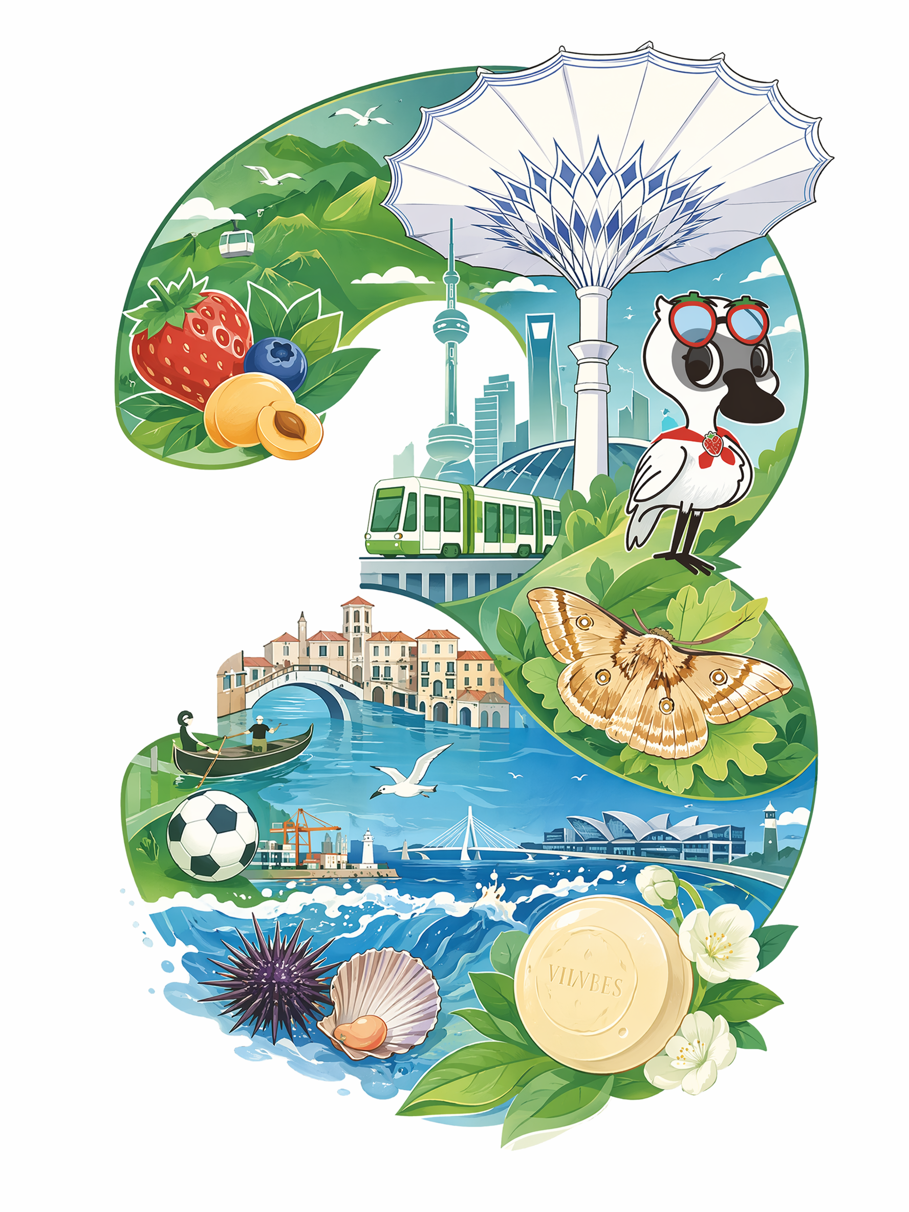 参考图一和图二的插画风格,将图3的黑脸琵鹭卡通一比一还原,图4的能源伞,图5的柞蚕变成卡通,图6的香皂也变成卡通,元素有草莓,蓝莓,歇马杏,威尼斯水城,东港,有轨电车,足球,大黑山,海洋,海鸥,海胆,扇贝等卡通元素组成的数字3,风格高级炫酷
