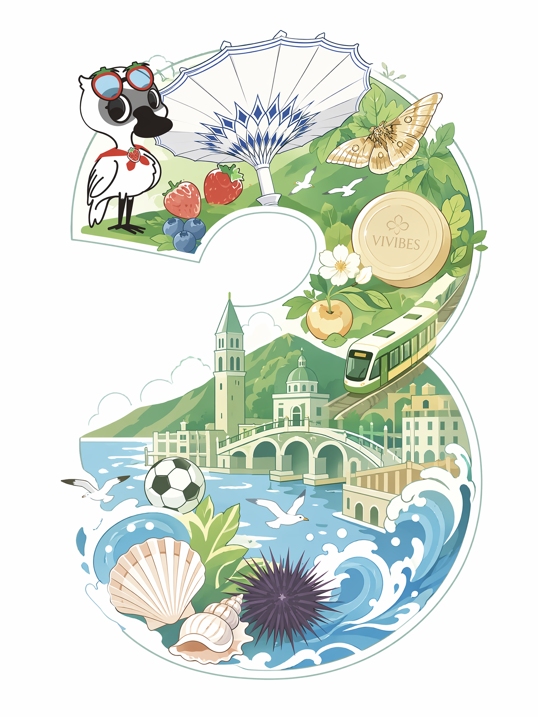 参考图一和图二的插画风格,将图3的黑脸琵鹭卡通一比一还原,图4的能源伞,图5的柞蚕变成卡通,图6的香皂也变成卡通,元素有草莓,蓝莓,歇马杏,威尼斯水城,有轨电车,足球,大黑山,海洋,海鸥,海胆,扇贝等卡通元素组成的数字3,数字3要能清晰的辨别,要图7的形状