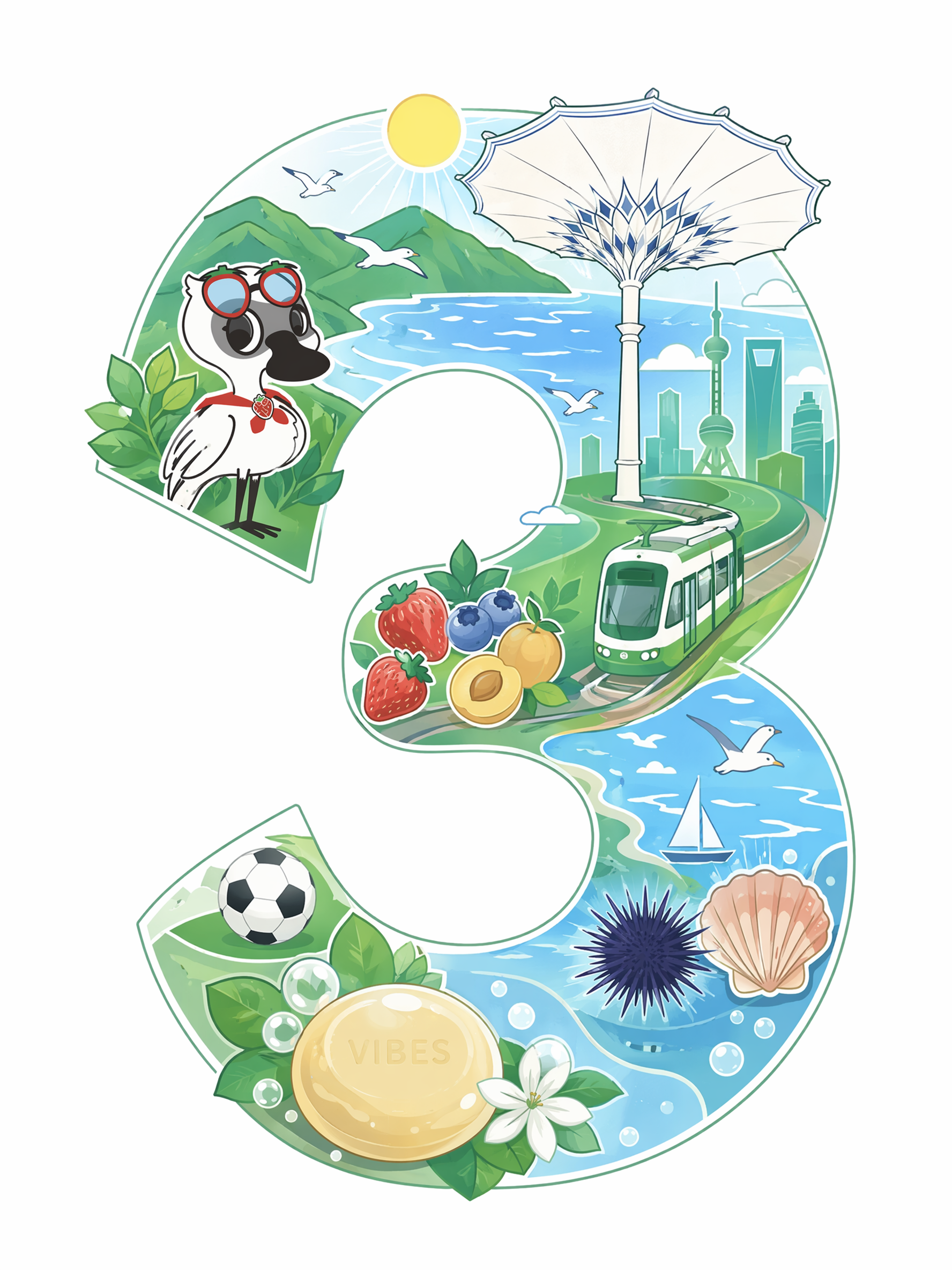 参考图一和图二的插画风格,将图3的黑脸琵鹭卡通一比一还原,图4的能源伞,图5的柞蚕变成卡通,图6的香皂也变成卡通,元素有草莓,蓝莓,歇马杏,有轨电车,足球,大黑山,海洋,海鸥,海胆,扇贝等卡通元素组成的数字3,数字3要能清晰的辨别,要图7的形状
