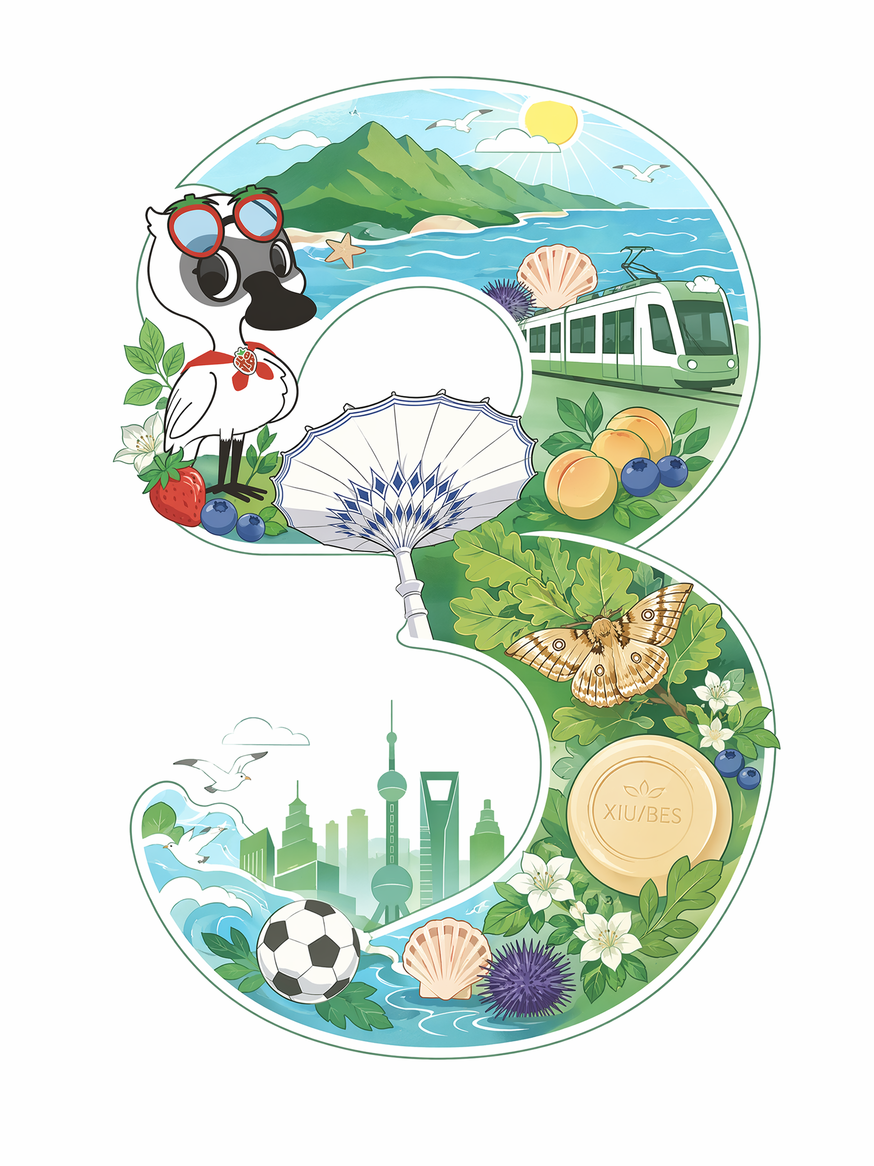 参考图一和图二的插画风格,将图3的黑脸琵鹭卡通一比一还原,图4的能源伞,图5的柞蚕变成卡通,图6的香皂也变成卡通,元素有草莓,蓝莓,歇马杏,有轨电车,足球,大黑山,海洋,海鸥,海胆,扇贝等卡通元素组成的数字3,数字3要能清晰的辨别,要图7的形状