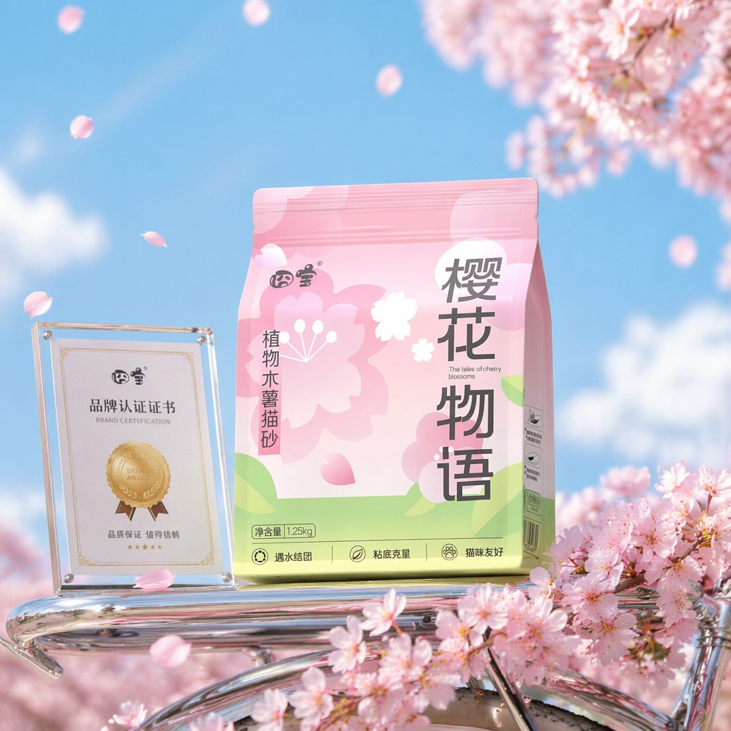正方形 1:1 构图,平视正面产品拍摄角度,8K 超清商业静物摄影(参考图2),画面居中主体是猫砂包装袋(参考图1);包装袋左侧斜放银色细边框透明小相框,框内是带金色徽章的品牌认证证书。底部单车金属后座摆放鲜活粉樱花枝与散落飘落的樱花瓣,前景花瓣清晰自然。背景澄澈浅蓝天色,搭配轻薄干净的淡白色柔云,零星虚化飘落樱花瓣营造动态氛围感。整体主色调清新粉蓝搭配,柔和明媚自然光均匀打亮主体,形成细腻柔和浅投影,浅景深虚化背景突出猫砂袋主体,画质写实细腻通透,光影质感高级干净,整体氛围温柔清新春日氛围感,细节锐利,电商产品质感,画面干净雅致,无多余杂乱元素。