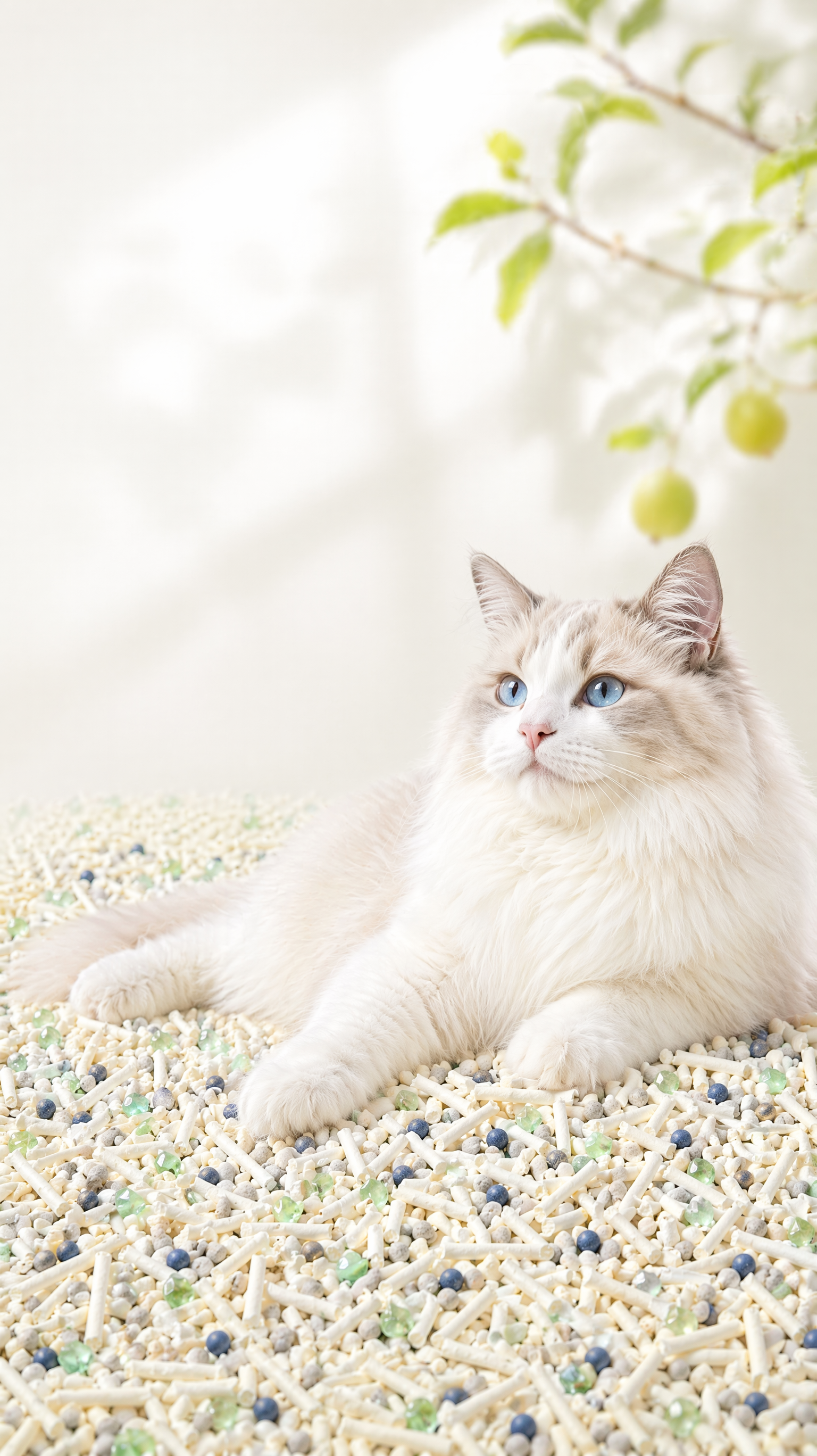 清新治愈风猫咪与混合猫砂场景图,画面以纯净渐变浅白为背景,右上角虚化点缀着带绿叶的枝条,营造出自然松弛的氛围。核心是一只毛发蓬松柔软的布偶猫,毛色为奶白与浅灰相间,拥有澄澈明亮的蓝色眼睛,正慵懒地趴在铺满混合猫砂的平面上,姿态放松且优雅,传递出猫咪对猫砂的舒适认可。
混合猫砂基底为大量奶白色长条状豆腐猫砂,颗粒纹理细腻,形态规整,交错堆叠,形成蓬松且富有层次感的基底。猫砂中均匀混合着三种功能性颗粒:浅灰色的圆形膨润土颗粒,质地紧实;蓝色的圆珠状除臭因子,表面光滑,富有光泽;以及半透明的浅绿色不规则颗粒,如碎钻般点缀其中,通透感强,直观展现混合猫砂的多元配方。构图采用偏右侧视角,视觉焦点集中在布偶猫与猫砂的互动上,光线为明亮柔和的暖调自然光,均匀打光凸显猫咪毛发的柔软质感、猫砂颗粒的细腻纹理与绿色除臭珠的通透光泽,整体风格干净治愈、温馨舒适,色彩以奶白、浅绿、浅灰为主,完美传递猫砂亲肤舒适、清新除臭的核心卖点,适配电商详情页场景展示与品牌调性宣传。