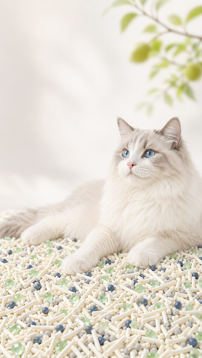 清新治愈风猫咪与混合猫砂场景图,画面以纯净渐变浅白为背景,右上角虚化点缀着带绿叶的枝条,营造出自然松弛的氛围。核心是一只毛发蓬松柔软的布偶猫,毛色为奶白与浅灰相间,拥有澄澈明亮的蓝色眼睛,正慵懒地趴在铺满混合猫砂的平面上,姿态放松且优雅,传递出猫咪对猫砂的舒适认可。
混合猫砂基底为大量奶白色长条状豆腐猫砂,颗粒纹理细腻,形态规整,交错堆叠,形成蓬松且富有层次感的基底。猫砂中均匀混合着三种功能性颗粒:浅灰色的圆形膨润土颗粒,质地紧实;蓝色的圆珠状除臭因子,表面光滑,富有光泽;以及半透明的浅绿色不规则颗粒,如碎钻般点缀其中,通透感强,直观展现混合猫砂的多元配方。构图采用偏右侧视角,视觉焦点集中在布偶猫与猫砂的互动上,光线为明亮柔和的暖调自然光,均匀打光凸显猫咪毛发的柔软质感、猫砂颗粒的细腻纹理与绿色除臭珠的通透光泽,整体风格干净治愈、温馨舒适,色彩以奶白、浅绿、浅灰为主,完美传递猫砂亲肤舒适、清新除臭的核心卖点,适配电商详情页场景展示与品牌调性宣传。