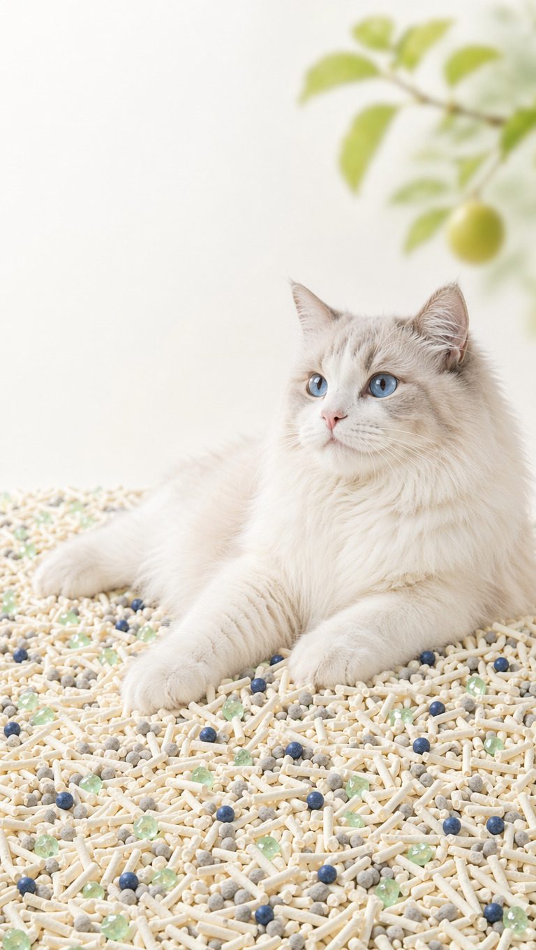 清新治愈风猫咪与混合猫砂场景图,画面以纯净渐变浅白为背景,右上角虚化点缀着带绿叶的枝条,营造出自然松弛的氛围。核心是一只毛发蓬松柔软的布偶猫,毛色为奶白与浅灰相间,拥有澄澈明亮的蓝色眼睛,正慵懒地趴在铺满混合猫砂的平面上,姿态放松且优雅,传递出猫咪对猫砂的舒适认可。
混合猫砂基底为大量奶白色长条状豆腐猫砂,颗粒纹理细腻,形态规整,交错堆叠,形成蓬松且富有层次感的基底。猫砂中均匀混合着三种功能性颗粒:浅灰色的圆形膨润土颗粒,质地紧实;蓝色的圆珠状除臭因子,表面光滑,富有光泽;以及半透明的浅绿色不规则颗粒,如碎钻般点缀其中,通透感强,直观展现混合猫砂的多元配方。构图采用偏右侧视角,视觉焦点集中在布偶猫与猫砂的互动上,光线为明亮柔和的暖调自然光,均匀打光凸显猫咪毛发的柔软质感、猫砂颗粒的细腻纹理与绿色除臭珠的通透光泽,整体风格干净治愈、温馨舒适,色彩以奶白、浅绿、浅灰为主,完美传递猫砂亲肤舒适、清新除臭的核心卖点,适配电商详情页场景展示与品牌调性宣传。