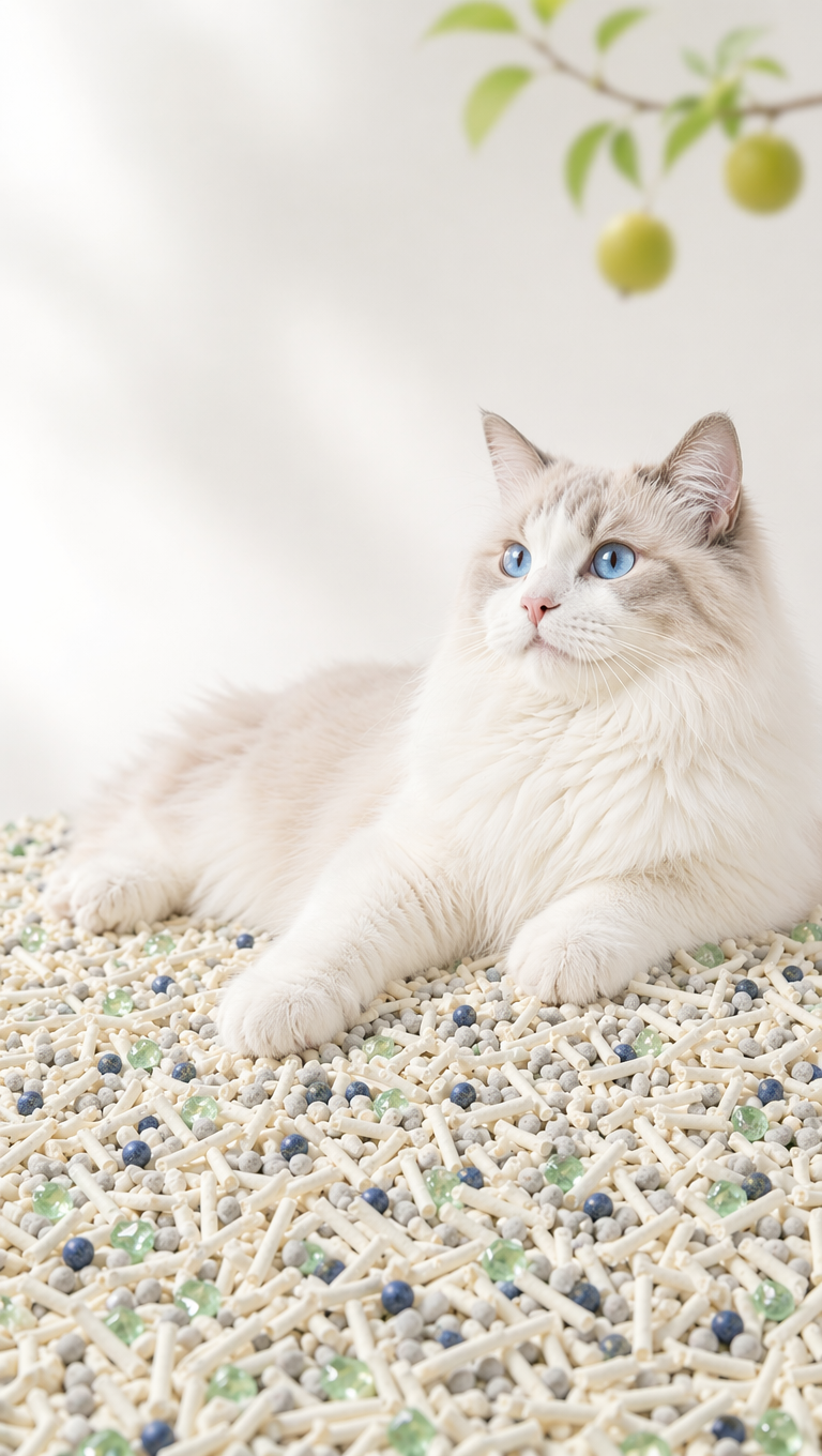 清新治愈风猫咪与混合猫砂场景图,画面以纯净渐变浅白为背景,右上角虚化点缀着带绿叶的枝条,营造出自然松弛的氛围。核心是一只毛发蓬松柔软的布偶猫,毛色为奶白与浅灰相间,拥有澄澈明亮的蓝色眼睛,正慵懒地趴在铺满混合猫砂的平面上,姿态放松且优雅,传递出猫咪对猫砂的舒适认可。
混合猫砂基底为大量奶白色长条状豆腐猫砂,颗粒纹理细腻,形态规整,交错堆叠,形成蓬松且富有层次感的基底。猫砂中均匀混合着三种功能性颗粒:浅灰色的圆形膨润土颗粒,质地紧实;蓝色的圆珠状除臭因子,表面光滑,富有光泽;以及半透明的浅绿色不规则颗粒,如碎钻般点缀其中,通透感强,直观展现混合猫砂的多元配方。构图采用偏右侧视角,视觉焦点集中在布偶猫与猫砂的互动上,光线为明亮柔和的暖调自然光,均匀打光凸显猫咪毛发的柔软质感、猫砂颗粒的细腻纹理与绿色除臭珠的通透光泽,整体风格干净治愈、温馨舒适,色彩以奶白、浅绿、浅灰为主,完美传递猫砂亲肤舒适、清新除臭的核心卖点,适配电商详情页场景展示与品牌调性宣传。