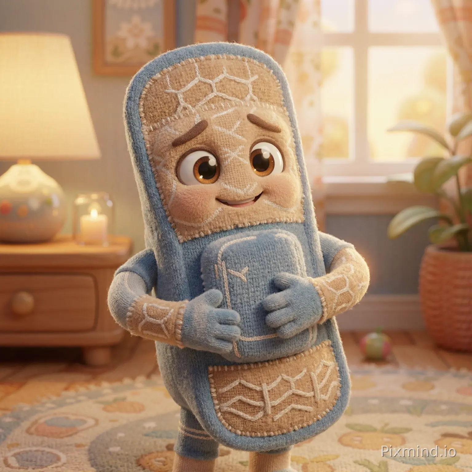 A cute Pixar-style bandage strip with soft fabric texture, kind eyes, slightly curved eyebrows, and a comforting smile. Flexible arms wrap gently as if hugging. Scene: warm soft lighting with a healing vibe.